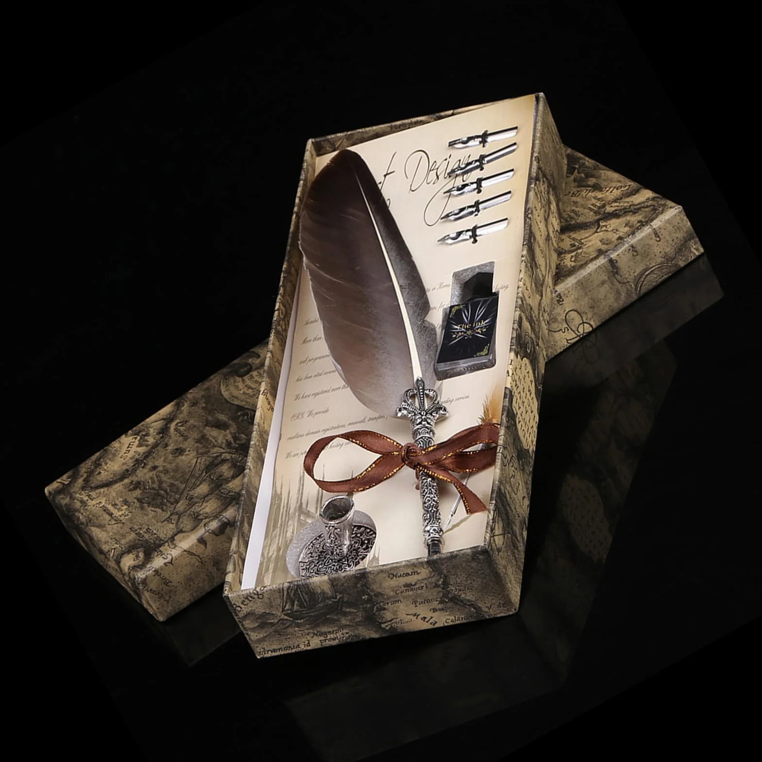 Stalówka Garosa Vintage Feather, Stalówka Z Antycznej Angielskiej Kaligrafii Dip Quill Pen Zestaw Do Pisania, Metalowy Wygląd Rzeźbienia, Papiernicze Pudełko Z 5 Stalówkami (Czarne)