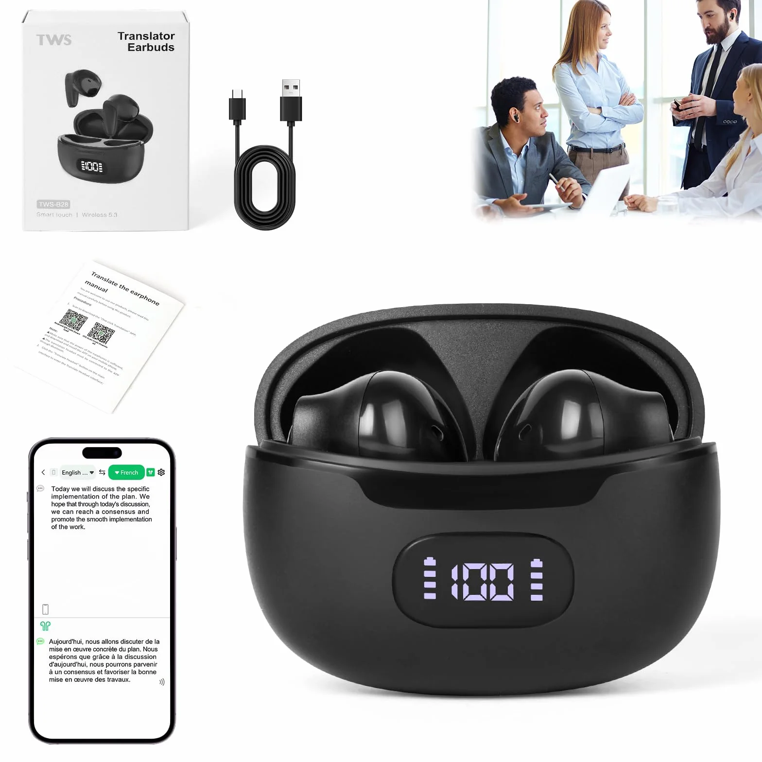 Ainiv AI Słuchawki do tłumaczenia 144 języków Bluetooth 5.3 3 w 1
