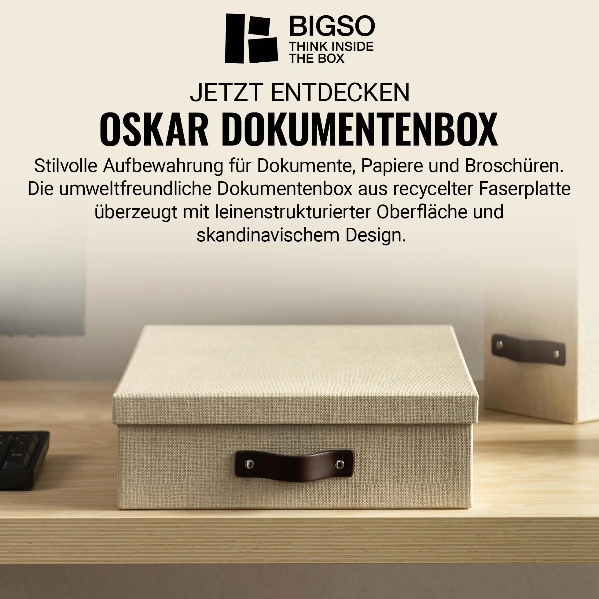 BIGSO BOX OF SWEDEN OSKAR Pudełko na dokumenty A4 płyta pilśniowa papier lniany beżowe