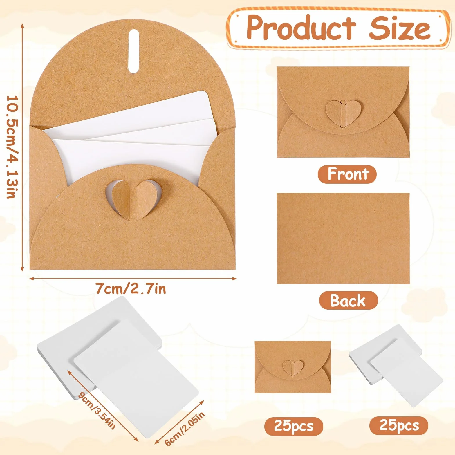 25 sztuk mini kopert z 25 pustymi kartkami papierowymi, koperty z papieru typu kraft, brązowe koperty z zamknięciem w kształcie serca, do kart podarunkowych, kart z podziękowaniami, DIY Graffiti