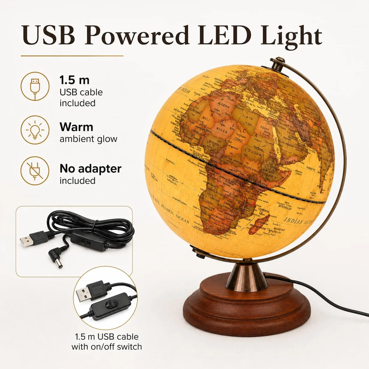 Exerz Podświetlany globus świata 20 cm antyczny drewniany stojak metalowy łuk 2 w 1 lampa LED dzień i noc