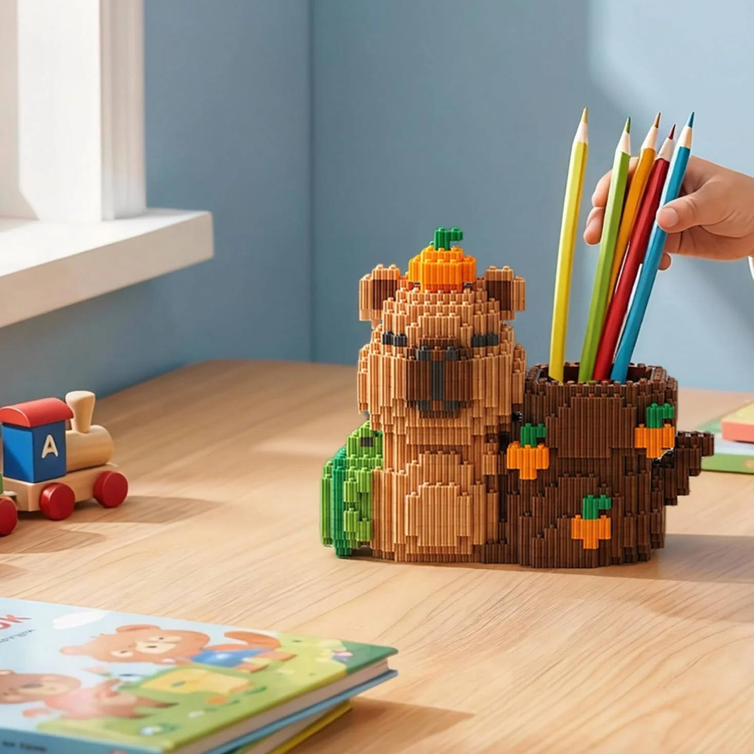 Capybara Capybara uchwyt na długopisy, Capybara klocki zaciskowe, prezent Capybara, model 3D, kreskówka, mini klocki z instrukcją obsługi dla dorosłych i dzieci, gry