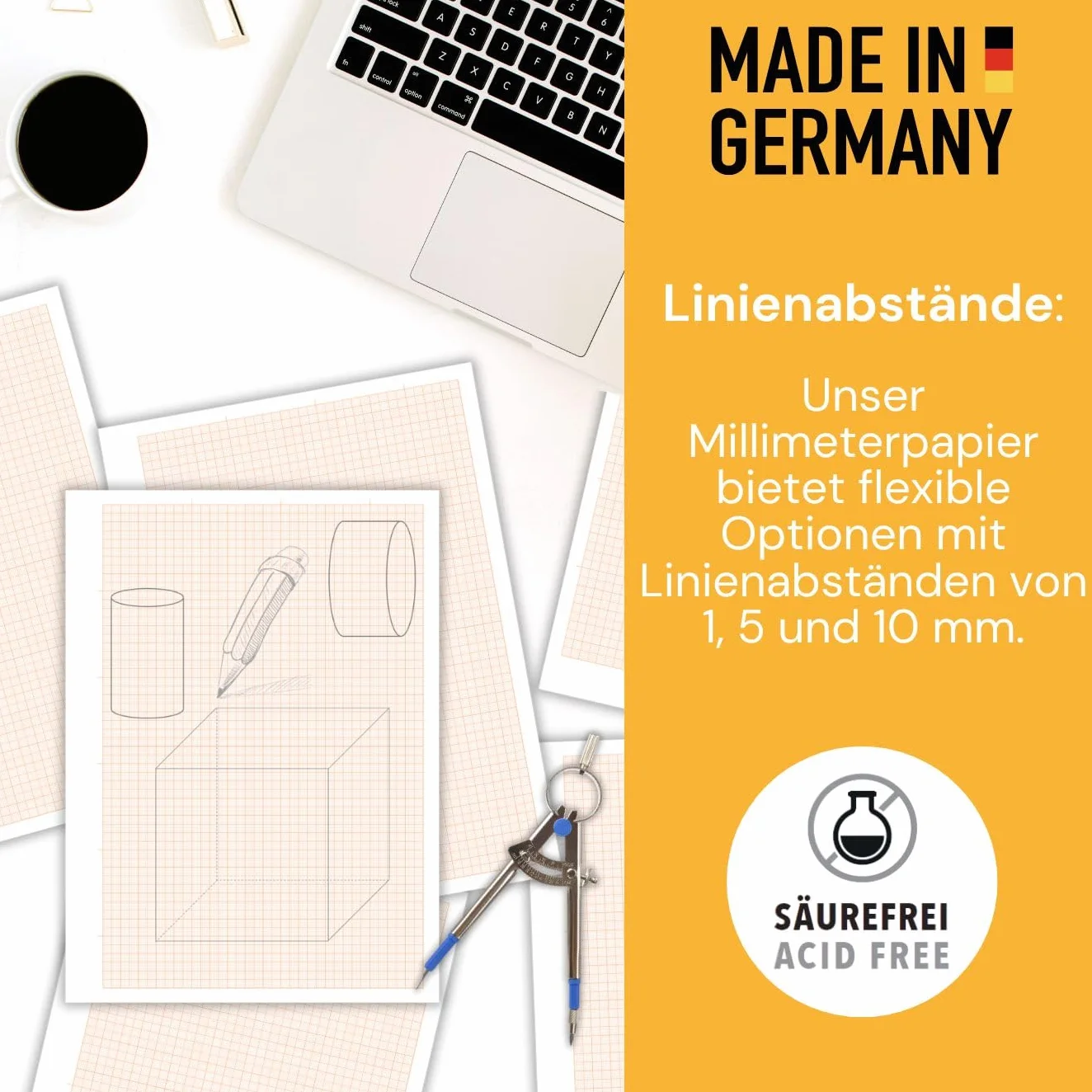 perfect line – 75 arkuszy papieru milimetrowego DIN A4 – czerwone linie siatki 1/5/10 mm – 80 g/m² papier do rysunków technicznych, diagramów, do szkoły i biura – luźne arkusze – Made in Germany