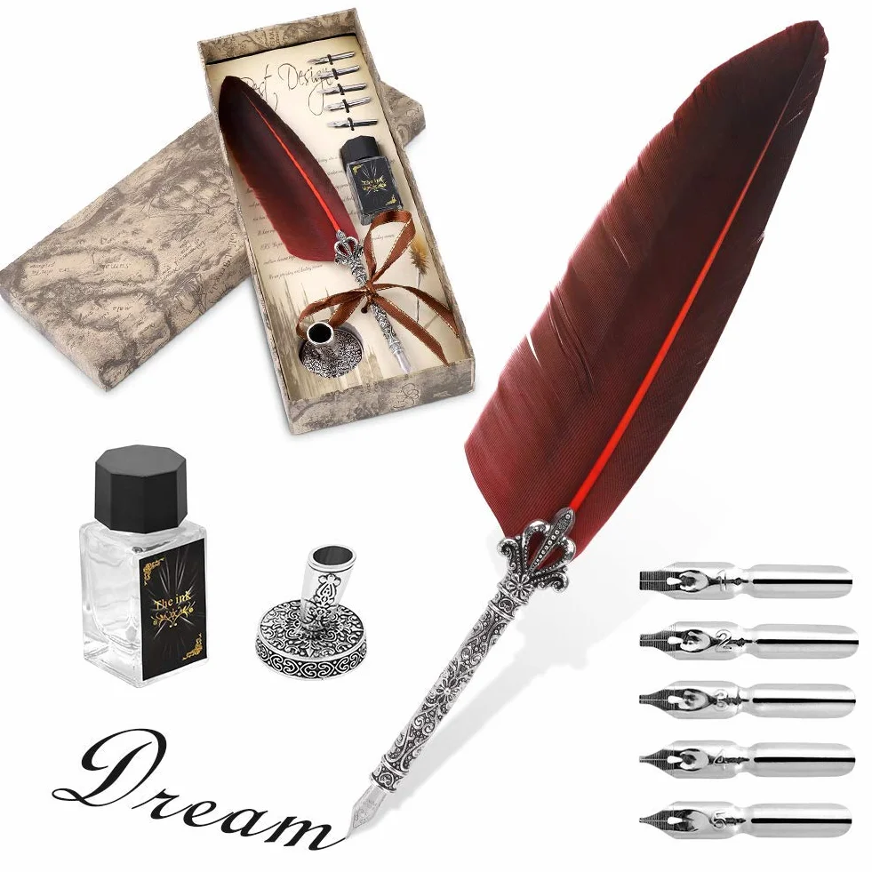 Quill Pen antike Kalligraphie Feder handgemachte Feder und Tinte Set, calligraphy set für englische Schrift, Vintage Executive Briefpapier Geschenk mit Flasche Nib Bases (rot)
