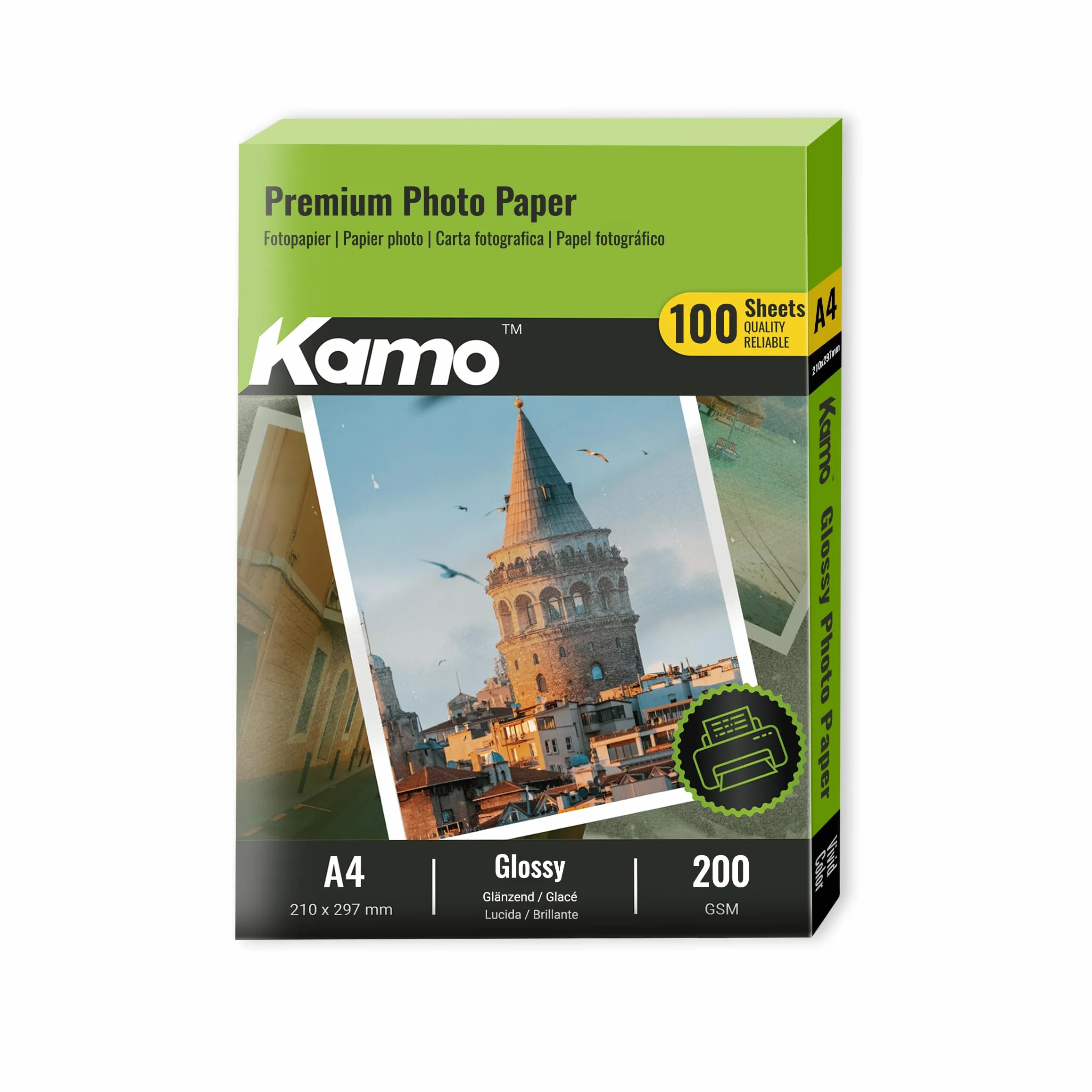 Kamo Błyszczący papier fotograficzny A4, 200 g/m², 100 arkuszy - idealny do zdjęć, plakatów i DIY, kompatybilny z drukarkami atramentowymi