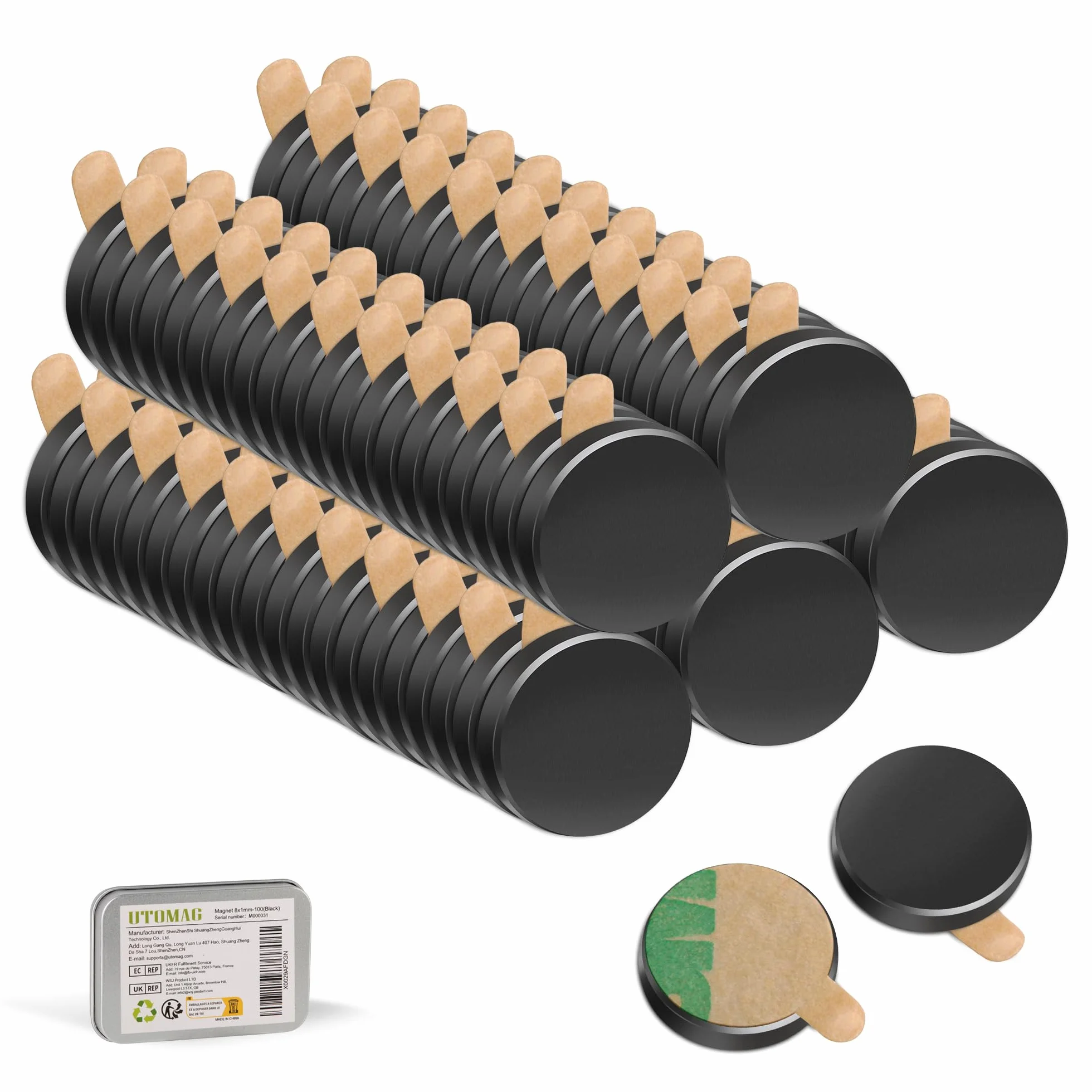 UTOMAG Samoprzylepnych Magnesów Mocne - 8x1mm, czarny Wielofunkcyjne Silne Magnesy Neodymowe do Użytku w Parach, Idealne do Lodówek, Tablic Magnetycznych, Zdjęć, Rękodzieła (100 Sztuk)