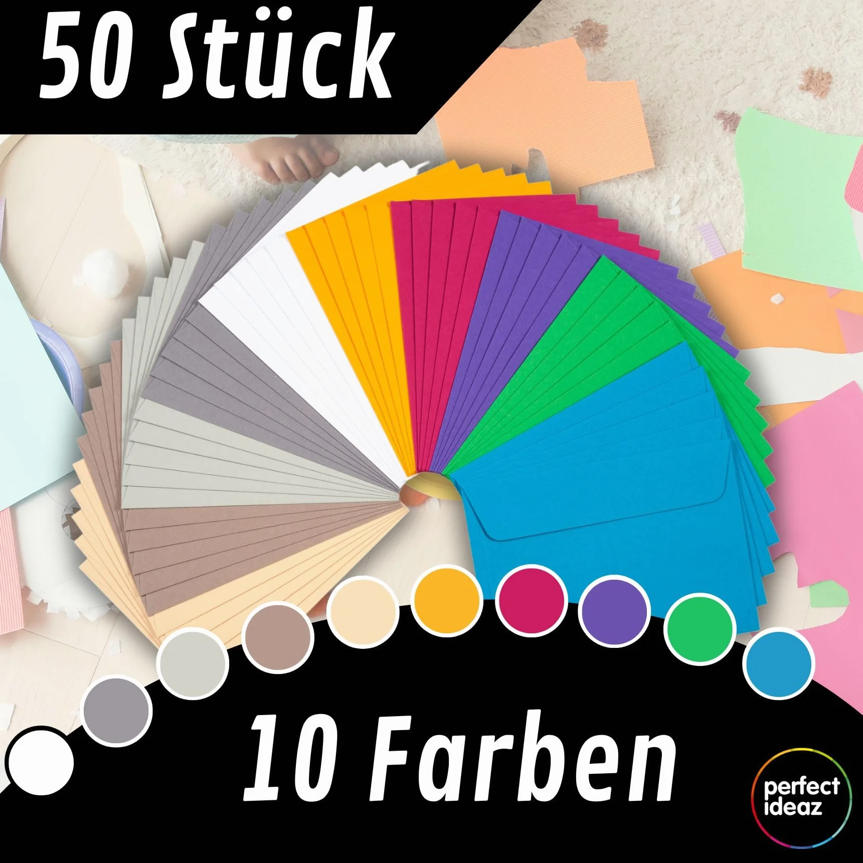 perfect ideaz - 50 kopert DIN-C6 bez okienka, na format DIN A6, z papieru pochodzącego z recyklingu, 10 kolorów, wyprodukowanych w Niemczech, certyfikat Blauer Engel