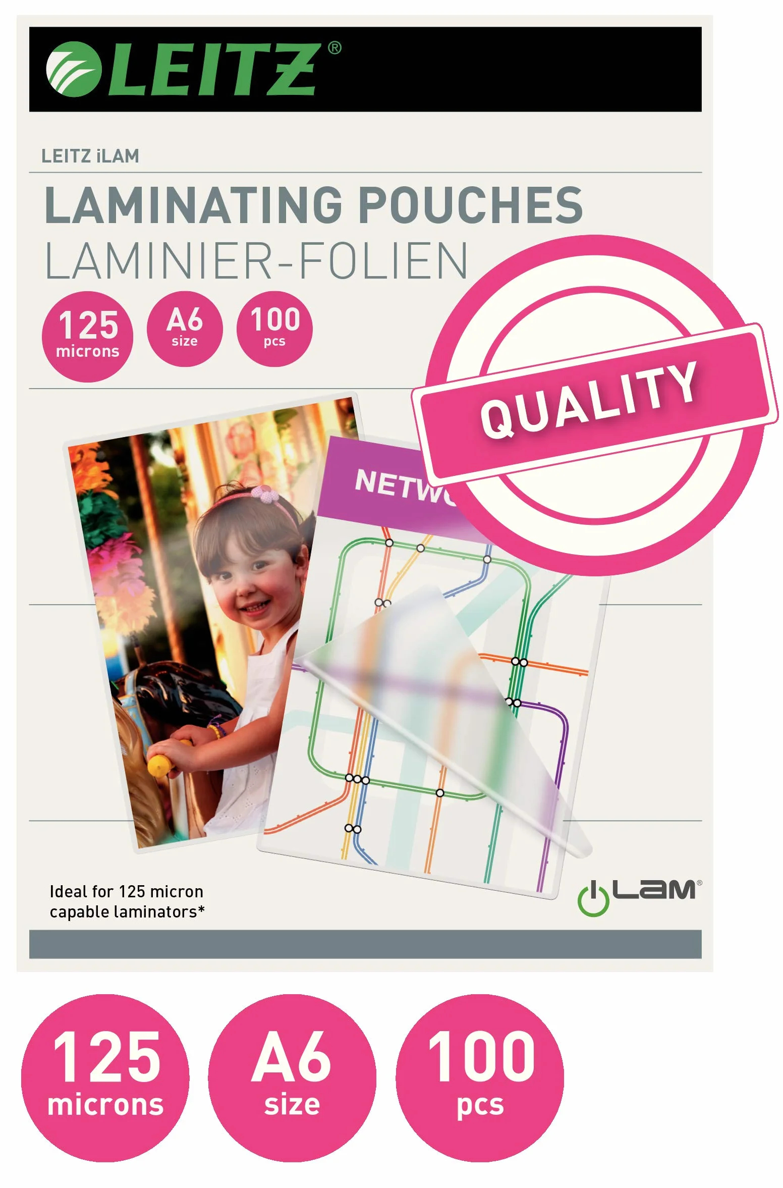 Leitz, Folia do Laminacji Leitz iLAM, Format A6, Grubość: 125 Mikronów, Przezroczysta, Błyszcząca, Opakowanie 100 Sztuk, 33806