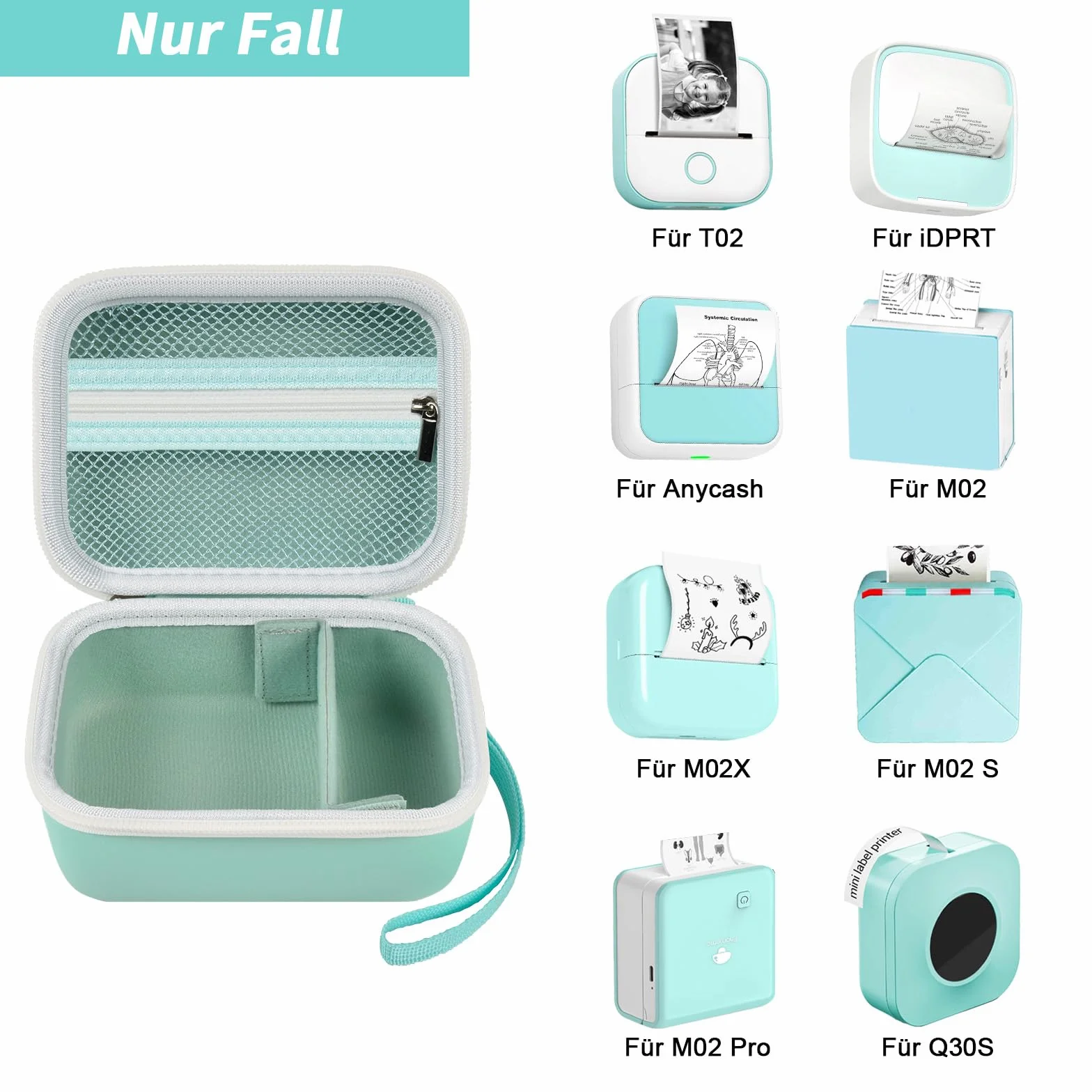 Etui do Memoking T02/ do Phomemo M02/ T02/ M02S/ M02 Pro/ Q30S/ M02X drukarka etykiet. Mini uchwyt na drukarkę naklejki, papier termiczny, kabel USB (tylko pudełko) zielony
