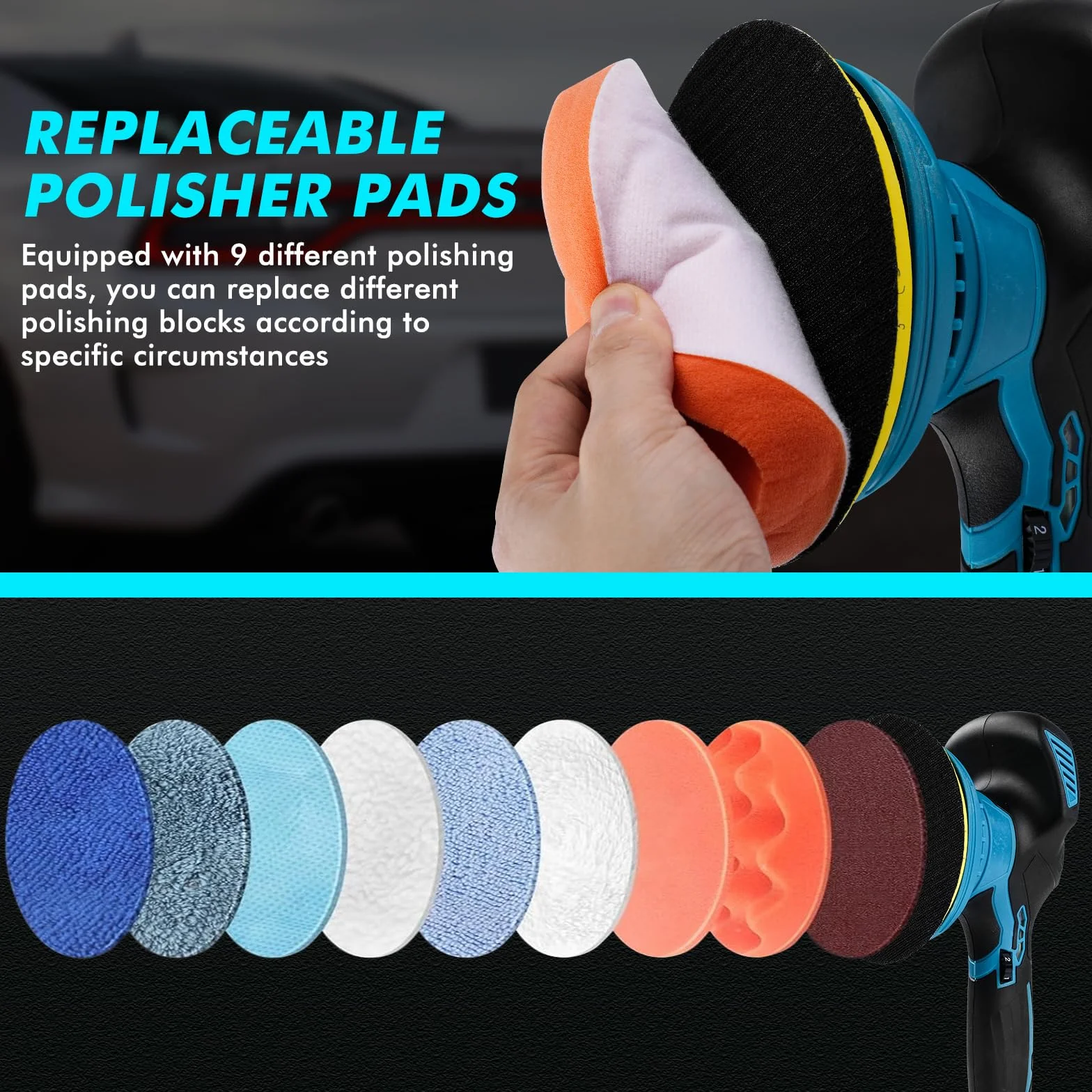 Bezprzewodowa polerka samochodowa, polerka orbitalna, 15 cm, 2 baterie 21 V, 1500 mAh, 13 końcówek, 6 zmiennych prędkości 5500 obr./min