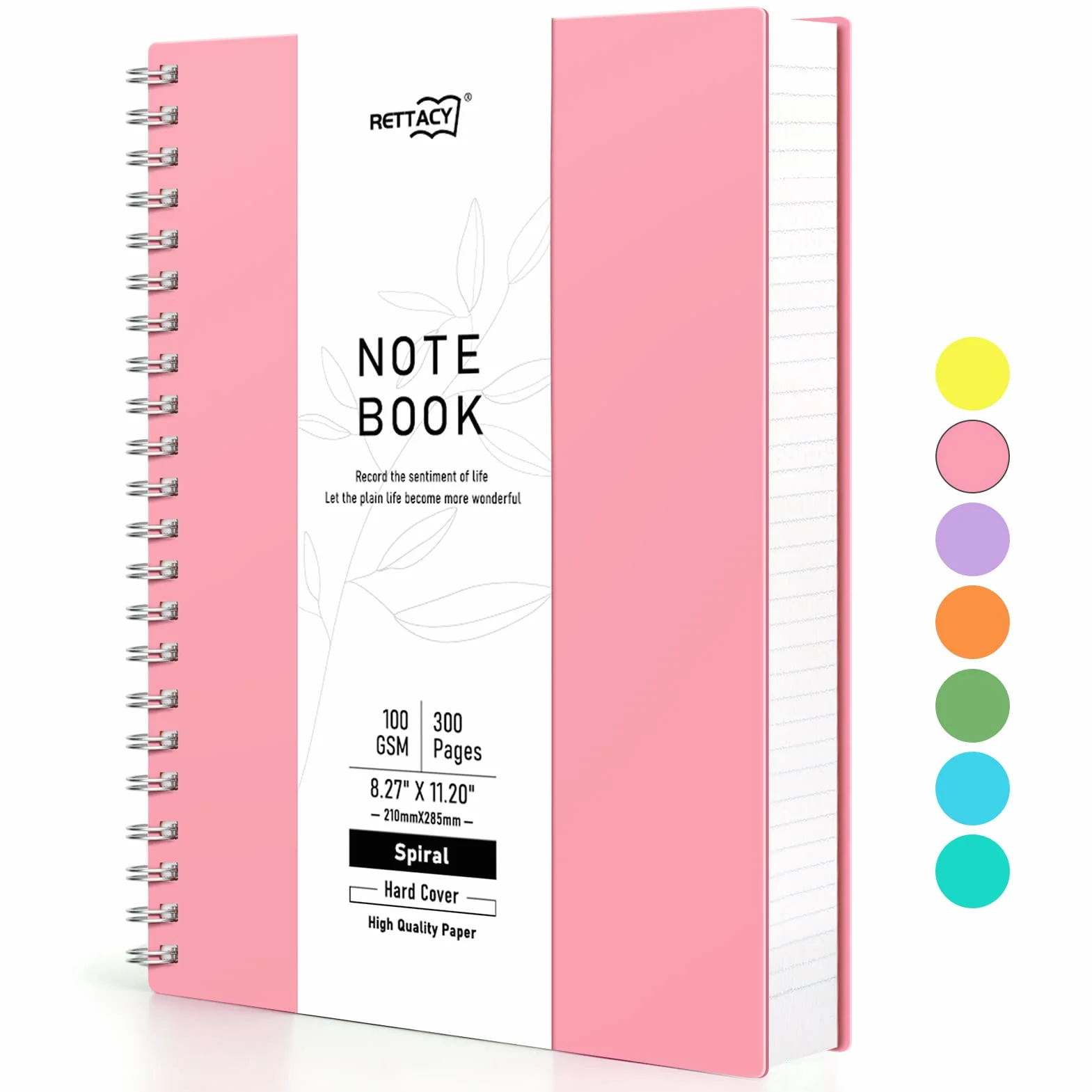 RETTACY A4 Notatnik, zeszyt, zeszyty spiralne, 300 kartek/150 stron do pisania, 100 g/m² papier linowany, okładka twarda PVC, 21,5 x 27,9 cm – różowy