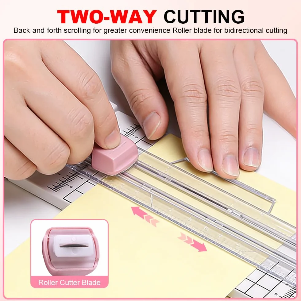 Nóż do papieru 4 w 1, wielofunkcyjny, do cięcia papieru z prowadnicą linii cięcia i linijką boczną, do scrapbookingu, papieru do majsterkowania, projektów DIY, prac ręcznych, różowy
