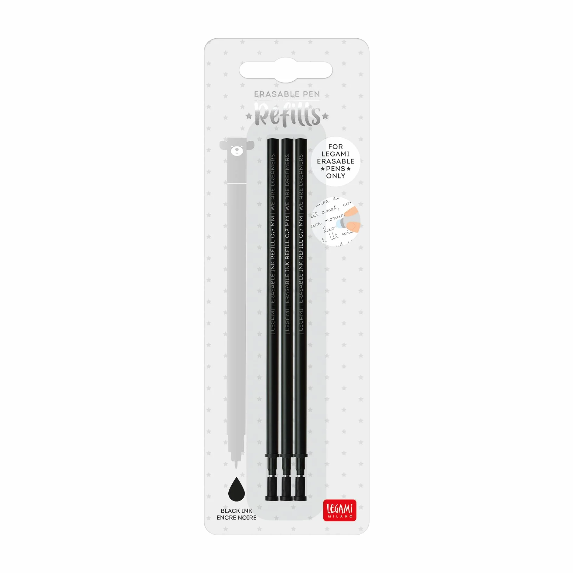 Legami - Wkład do długopisu żelowego, wymazywalny, zestaw 3 sztuk, wysokość 13 cm, czarny tusz wrażliwy na ciepło, końcówka 0,7 mm