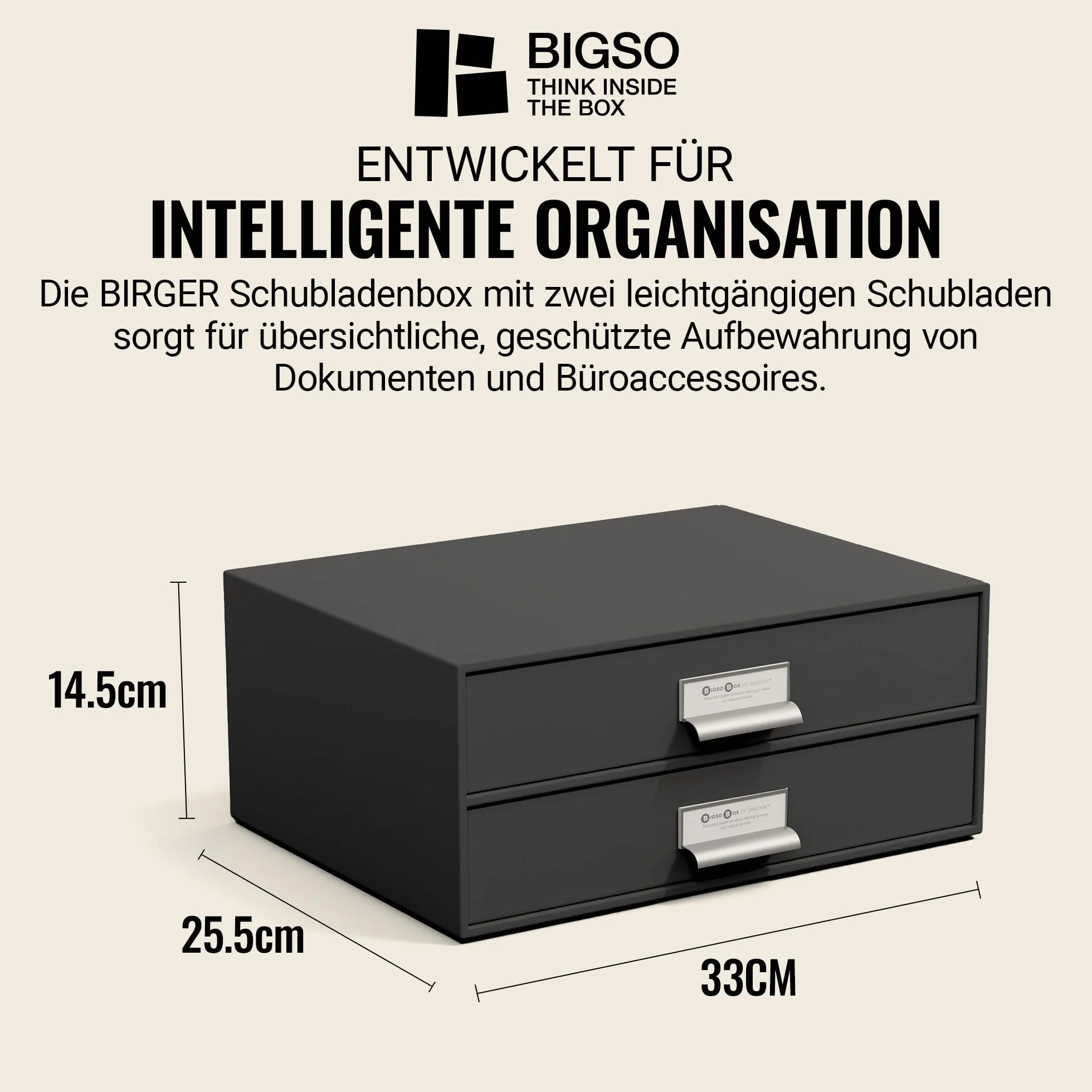 Bigso Box of Sweden BIRGER Pudełko z szufladami na dokumenty i artykuły biurowe – organizer na biurko z 2 szufladami – system odkładania z płyty pilśniowej i papieru – ciemnoszary