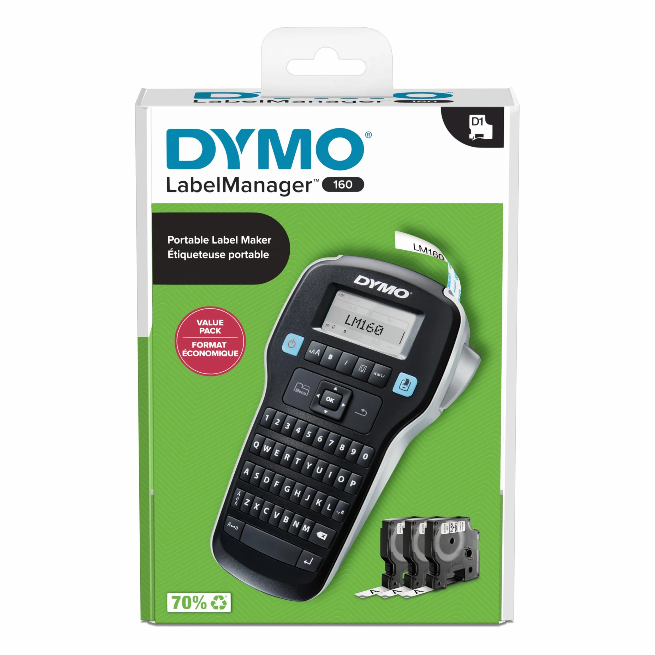 DYMO LabelManager 160 Zestaw startowy do drukarki etykiet z 3 rolkami taśmy Dymo D1, klawiatura QWERTY