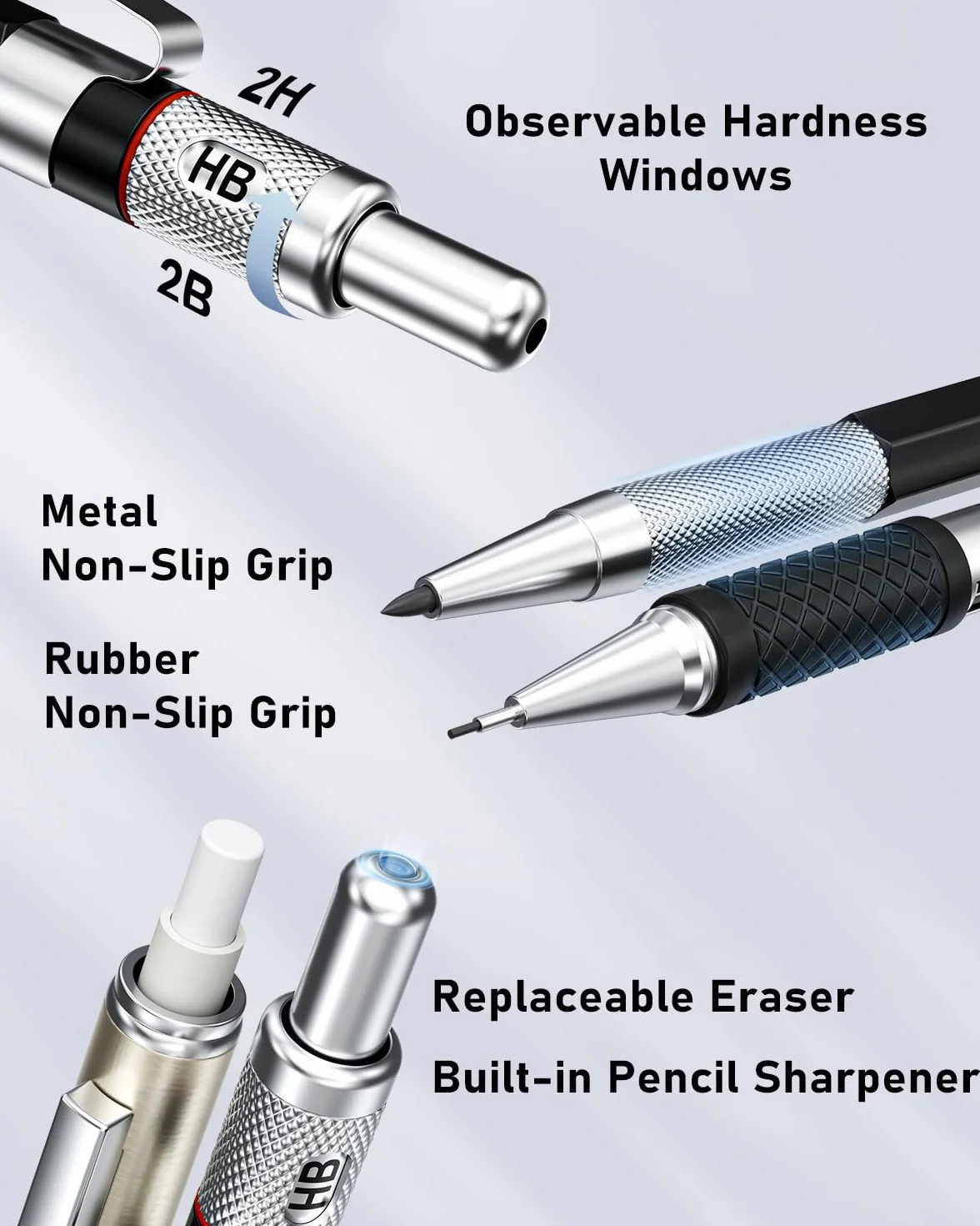 Ensemble de 25 porte-mines artistiques métal 0,5 0,7 0,9 mm avec 432 recharges graphite