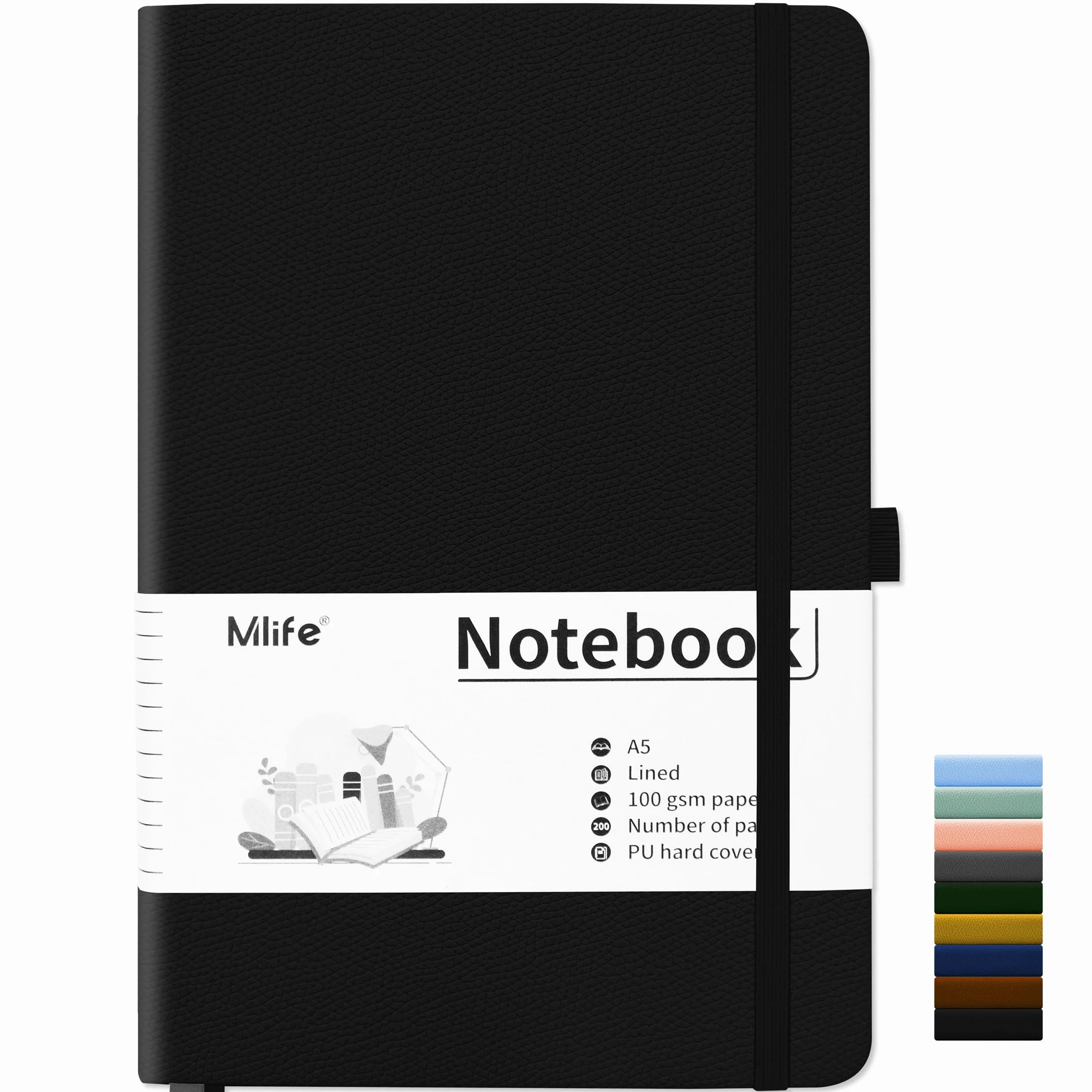 Mlife A5 Notatnik w linie, 100 GSM Gruby papier z 200 stronami, Notatnik z twardą okładką PU z wewnętrzną kieszenią, Elastyczna opaska, Notatniki do pisania w biurze, szkole, domu i firmie(Czarny)