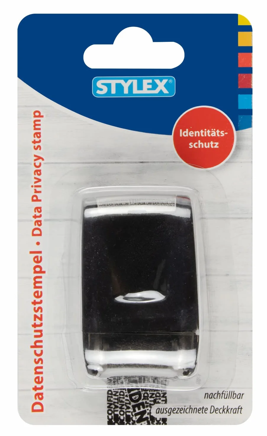 Stylex 31258 - pieczątka chroniąca prywatność, rolka o szerokości 17 mm, z czarnym tuszem do wielokrotnego napełniania w celu ochrony wrażliwych danych przed kradzieżą tożsamości