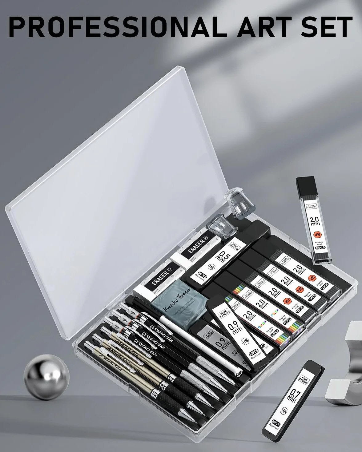 Ensemble de 25 porte-mines artistiques métal 0,5 0,7 0,9 mm avec 432 recharges graphite