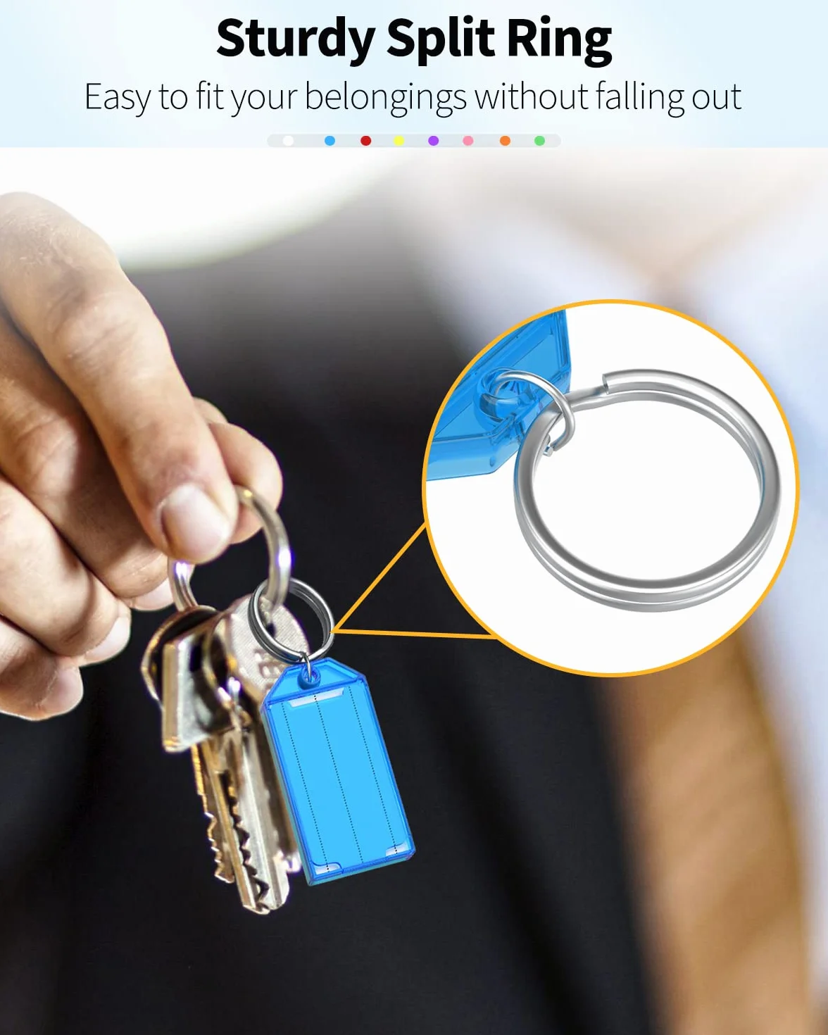 Uniclife 20 sztuk Przywieszki do kluczy 5 cm Plastikowe Przywieszki do łańcucha kluczy z przezroczystymi etykietami i dzielonymi pierścieniami, stabilne identyfikatory przedmiotów, 8 kolorów