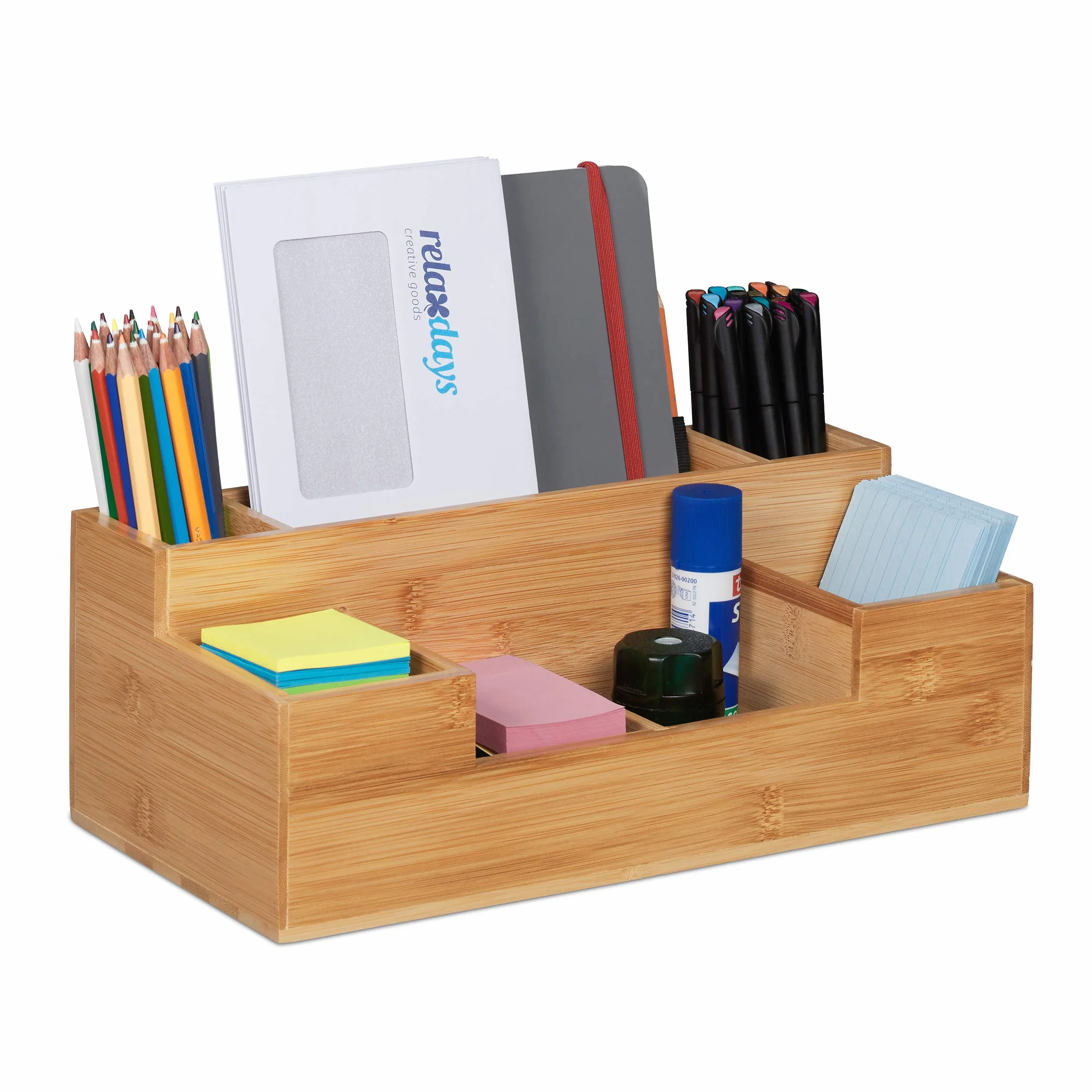 Relaxdays Biurko, 7 przegródek, bambusowy organizer, biuro, kuchnia, łazienka, organizer na stół, wys. x szer. x gł.: 11 x 30 x 15 cm, naturalny, 1 sztuka