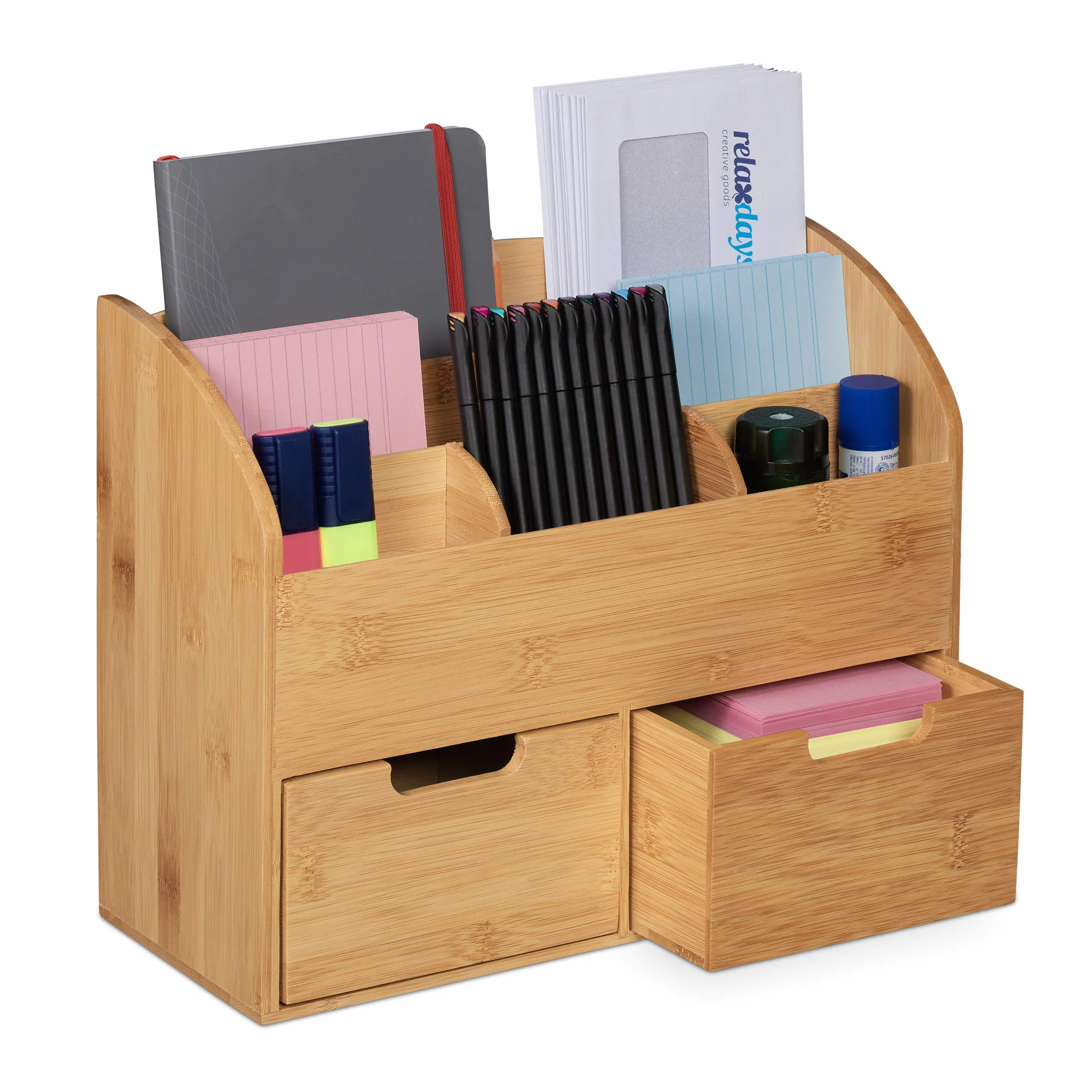 Relaxdays Organizer na biurko 6 przegródek 2 szuflady bambus 26 x 33 x 13,5 cm naturalny