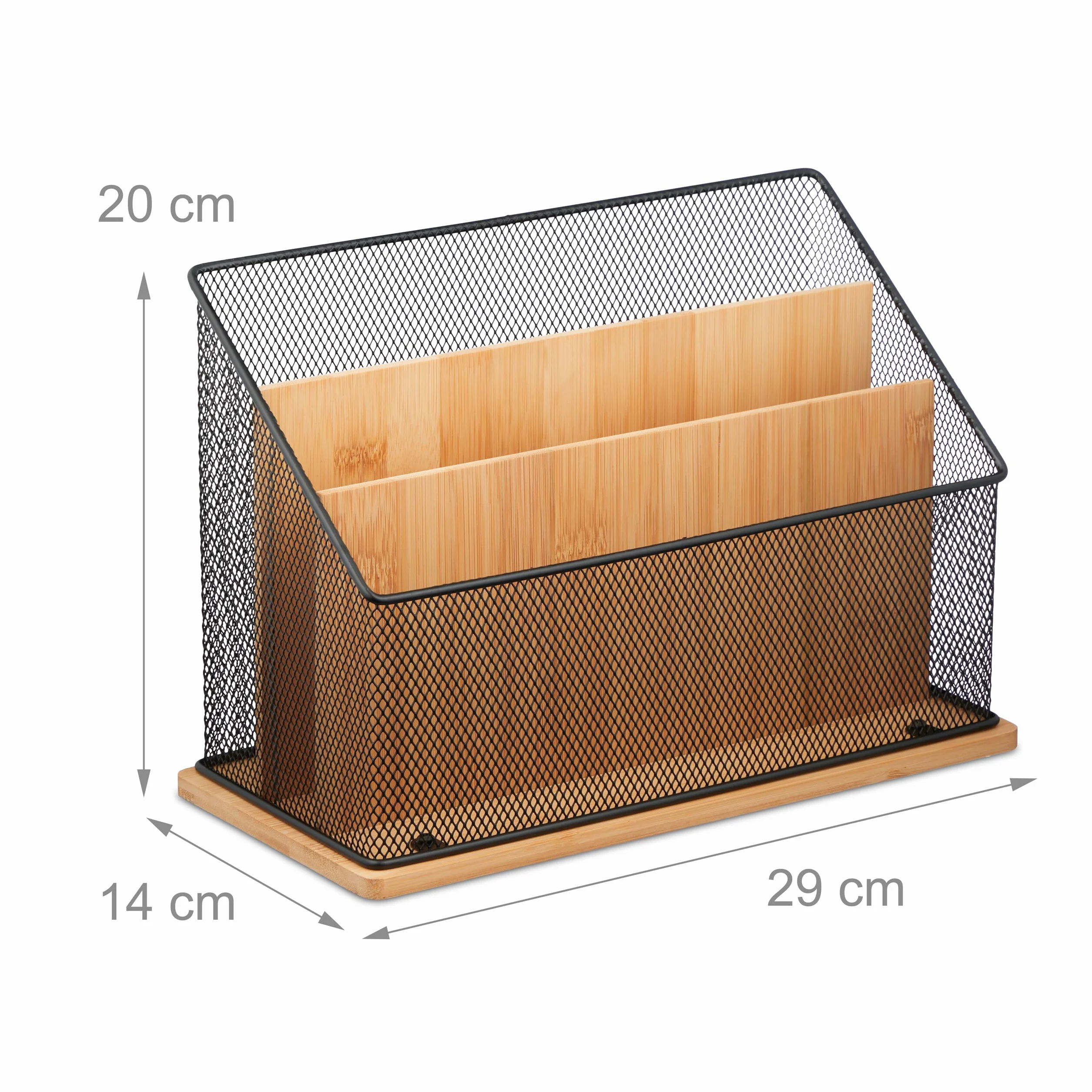 Relaxdays Stojak na dokumenty 3 przegródki metal bambus 20x29x14 cm naturalny czarny