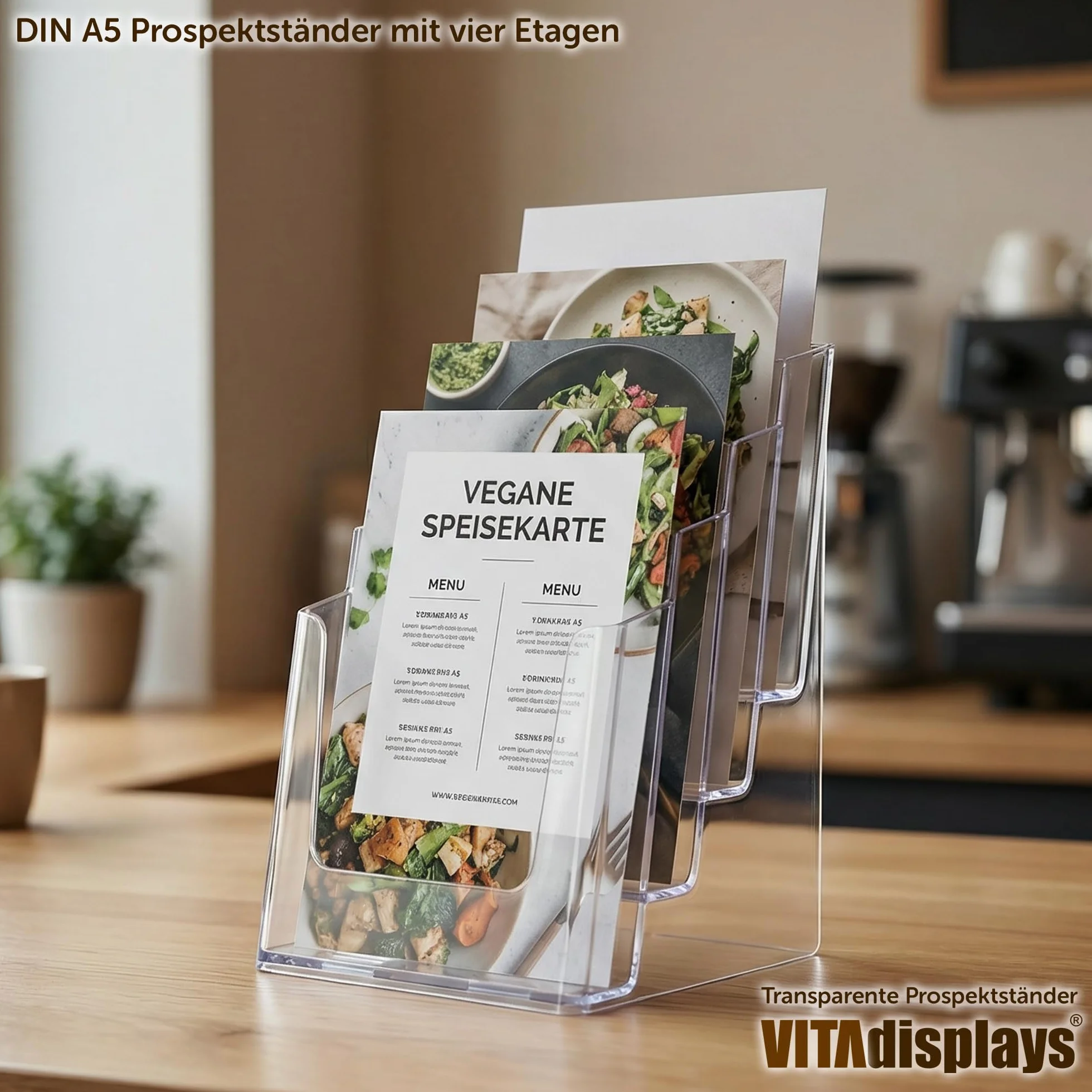 VITAdisplays® Stojak na prospekty DIN A5 z 4 poziomami, przezroczysty (NE-164)