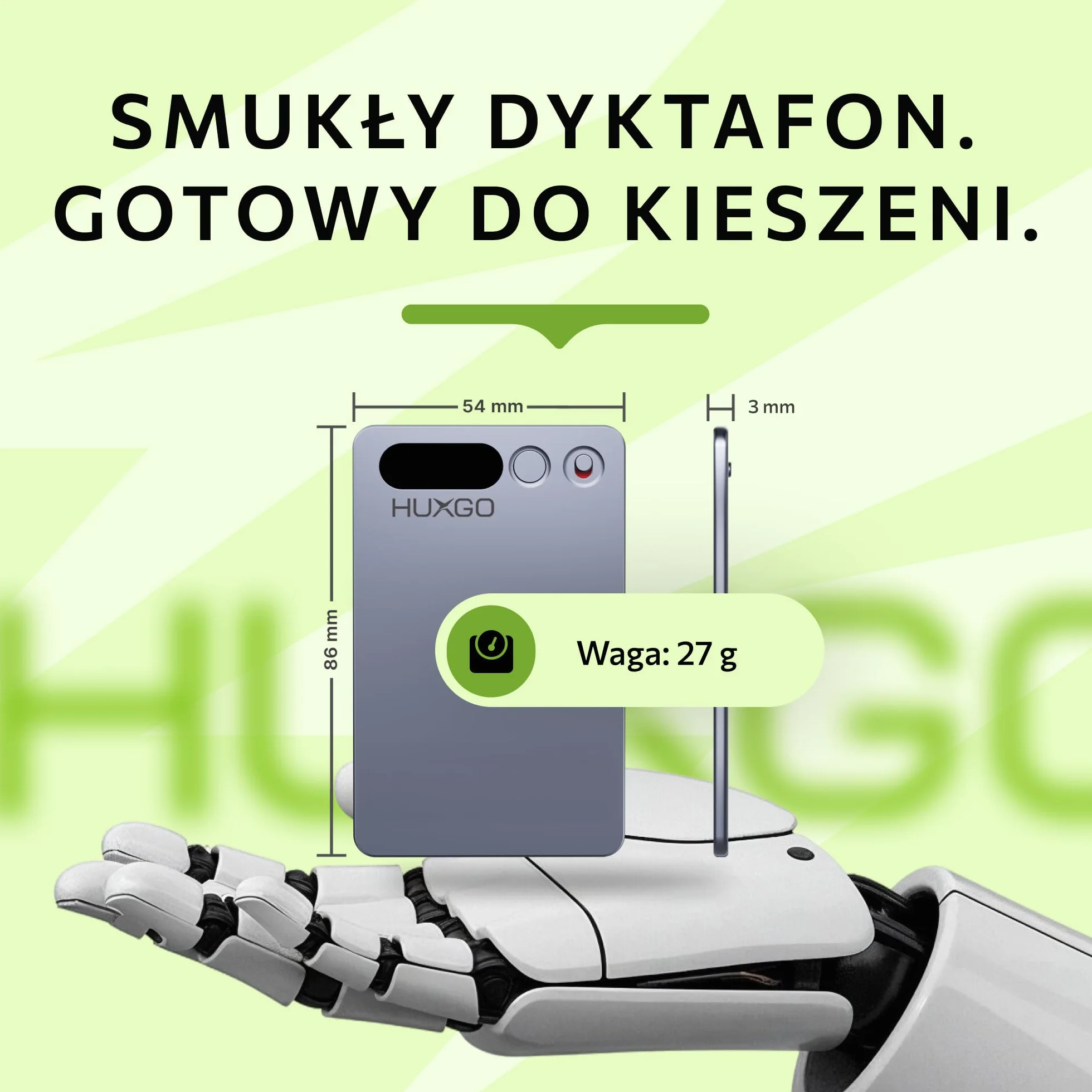 Dyktafon Cyfrowy AI 64GB HUXGO z Podwójnym Mikrofonem Redukcją Szumów Bluetooth 5.3 35h Nagrywania