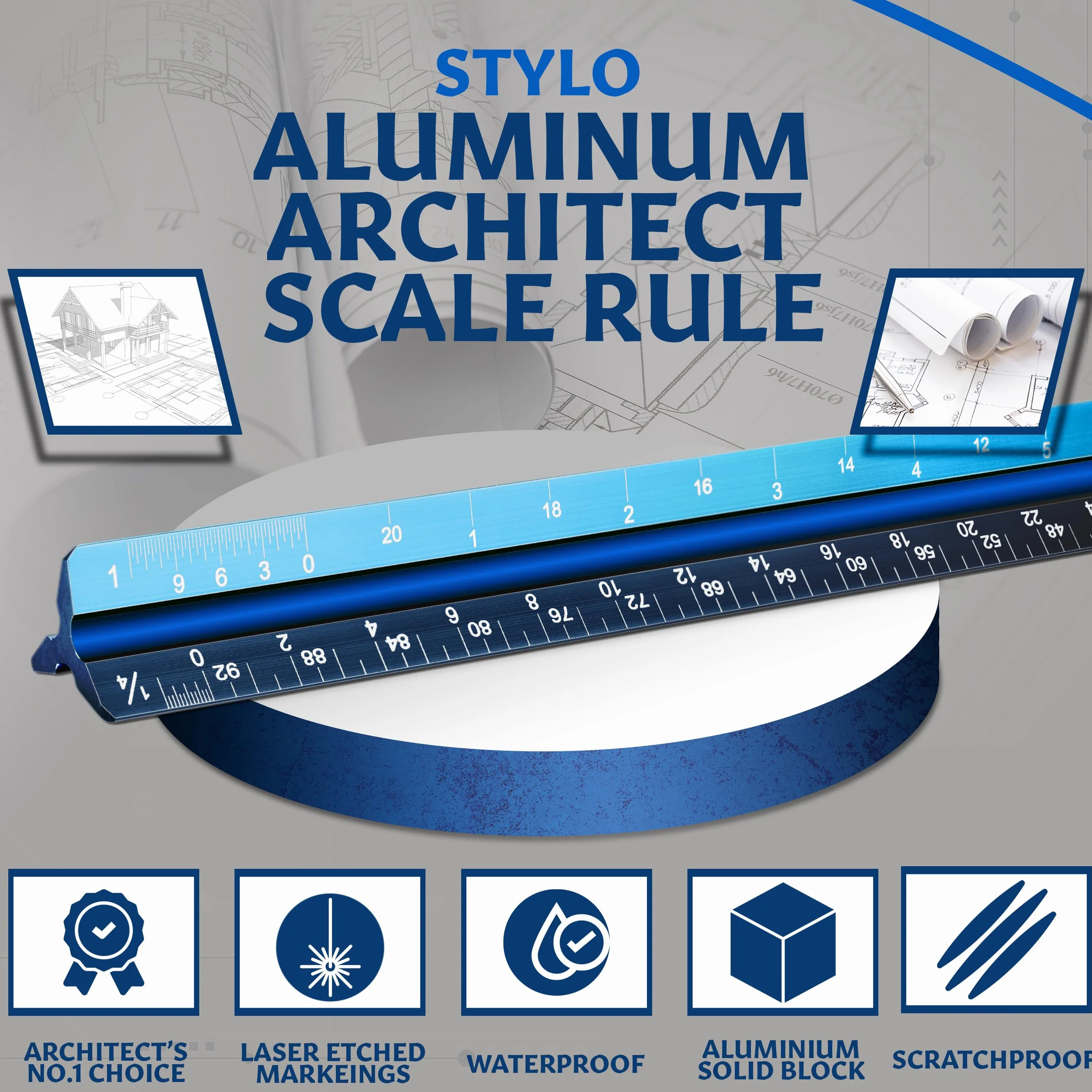 Stylo Aluminiowa linijka architektoniczna – 30 cm trójkątna linijka kreślarska z rowkami oznaczonymi kolorami do planu, metryczna skala architektoniczna (jasnoniebieska, 30 cm)