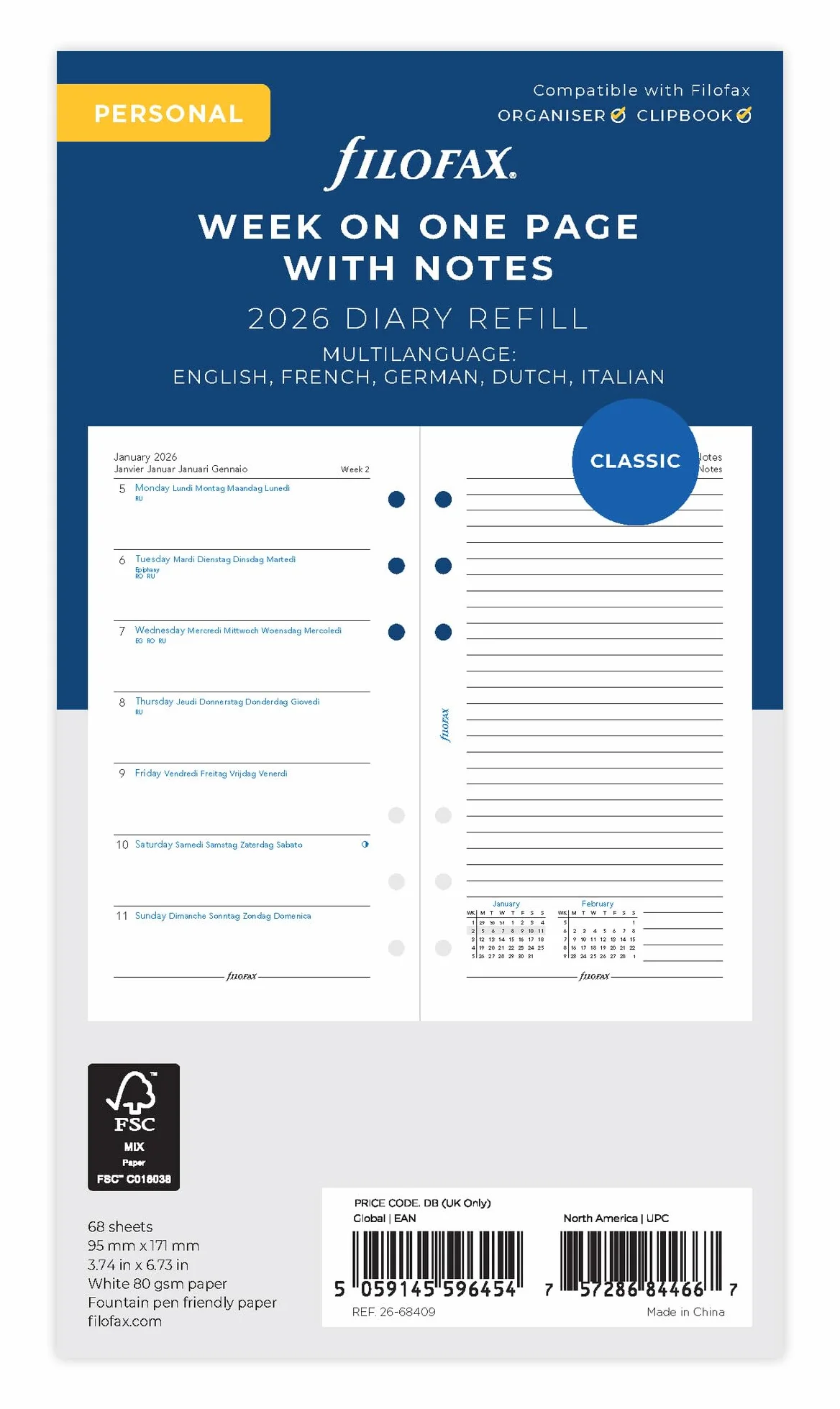 Filofax Osobisty tydzień na stronę z notatkami 5 języka 2026 dziennik 26-68409
