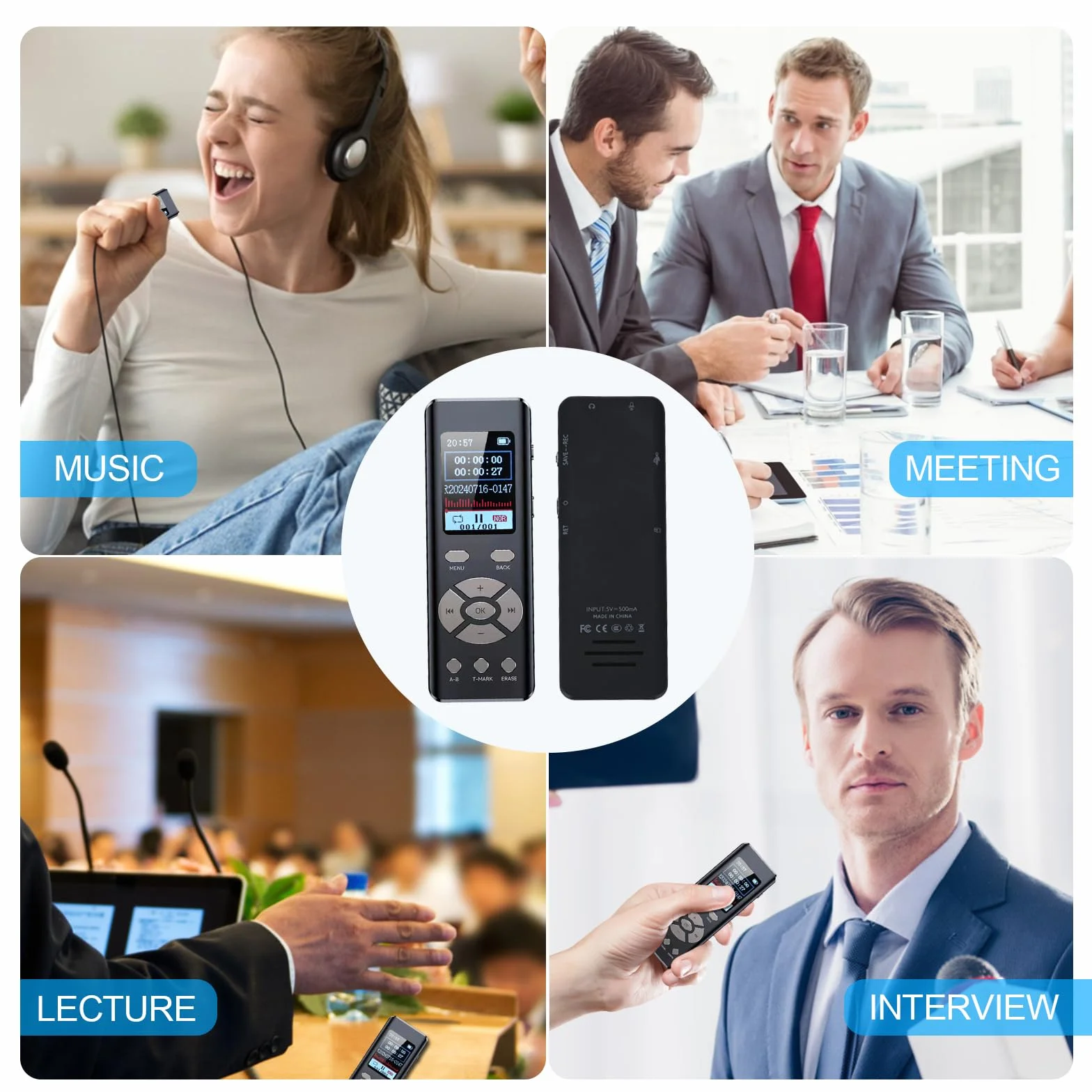 Dyktafon cyfrowy z odtwarzaczem MP3, 64 GB, na spotkania, wywiady i wykłady, odtwarzanie w pętli A-B, nagrywanie HD 1536 kbps