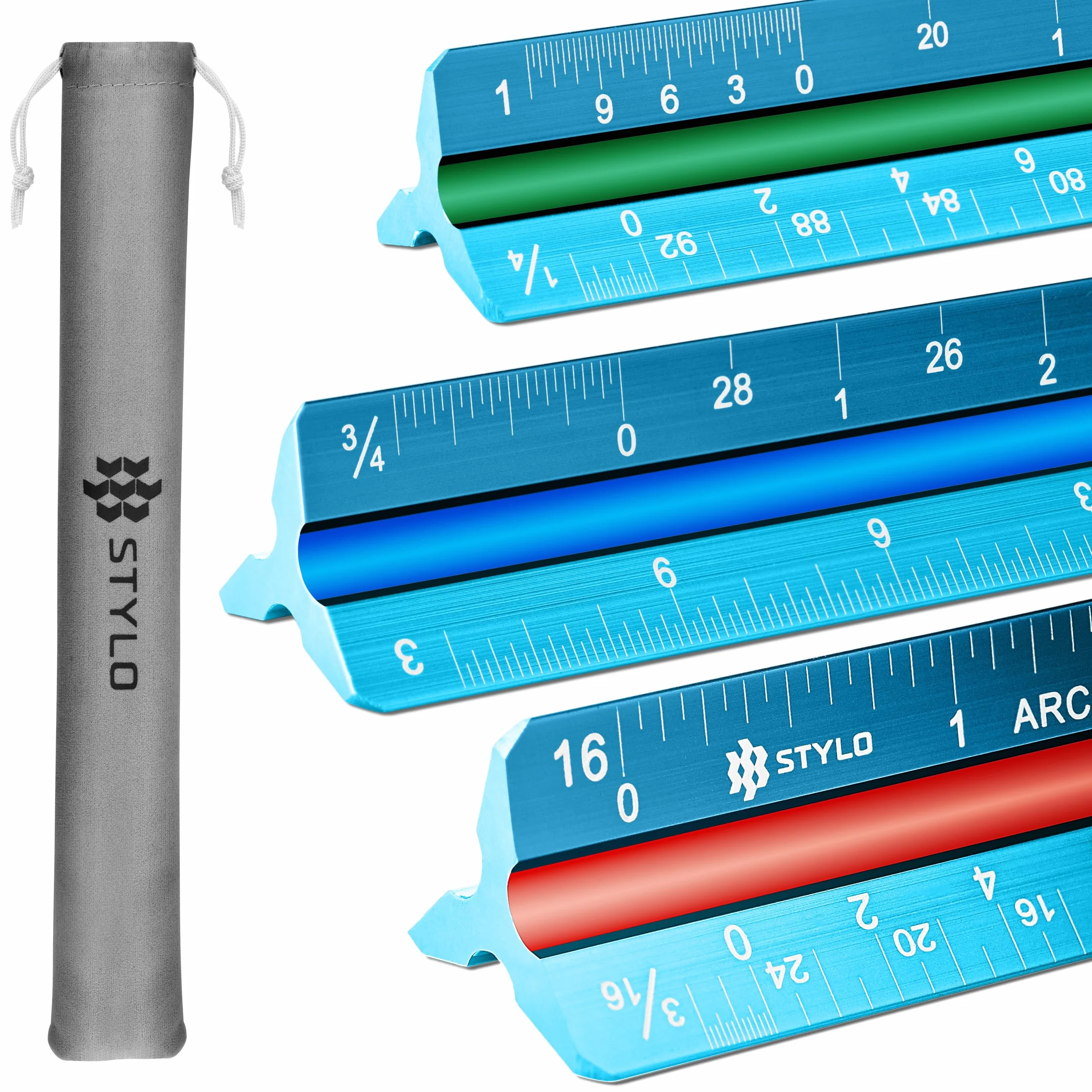 Stylo Aluminiowa linijka architektoniczna – 30 cm trójkątna linijka kreślarska z rowkami oznaczonymi kolorami do planu, metryczna skala architektoniczna (jasnoniebieska, 30 cm)