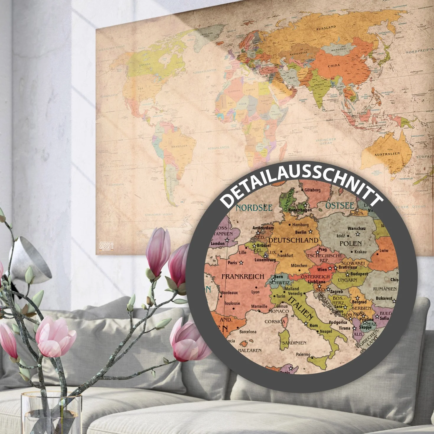 GOODS+GADGETS mapa świata w stylu antycznym, XXL, w dużym formacie vintage, najwyższa jakość (140 x 100 cm)