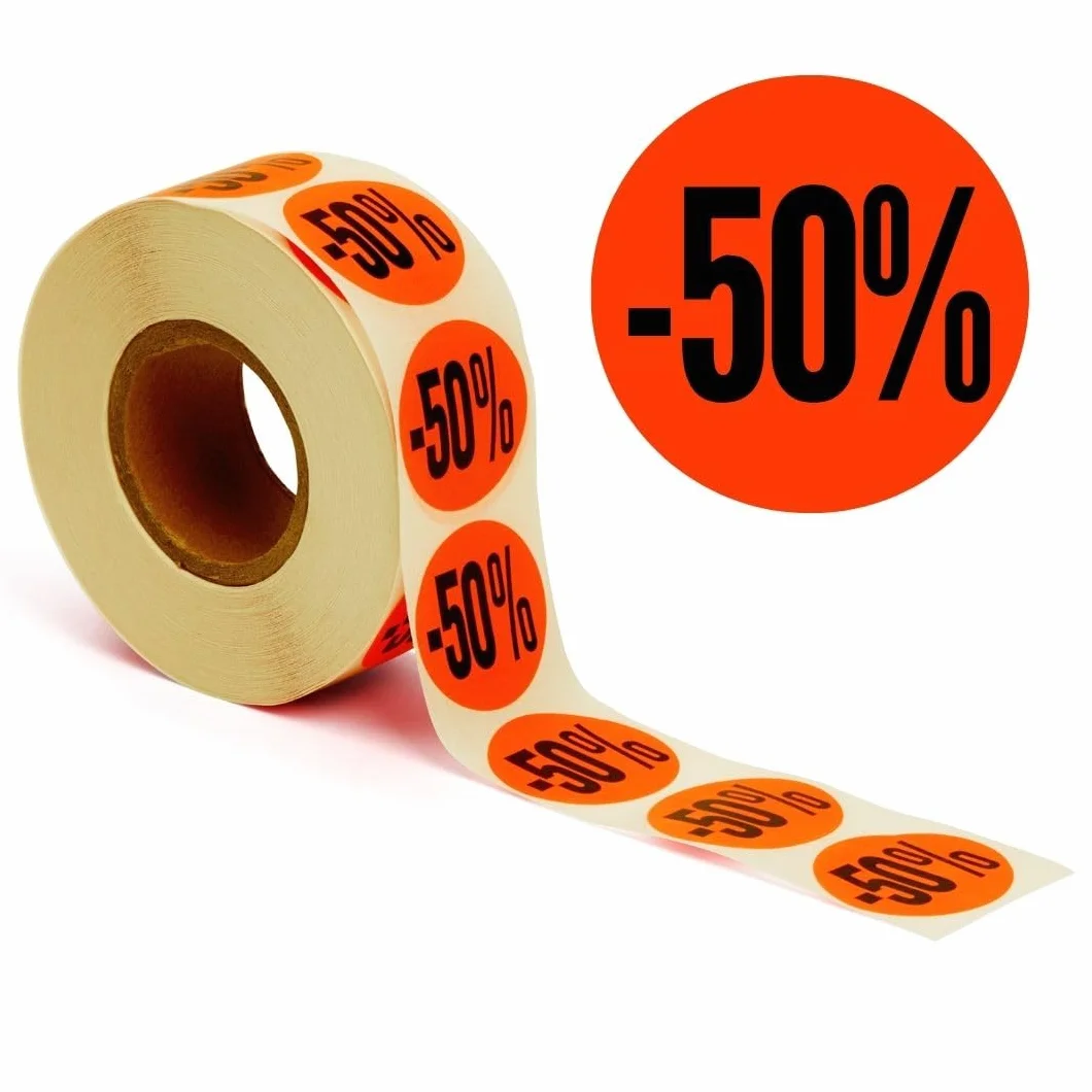 1000 etykiet promocyjnych – 50% okrągłe, jaskrawoczerwone na rolce 32 mm – cena promocyjna, naklejki samoprzylepne, trwałe tabliczki z ceną [H-50]