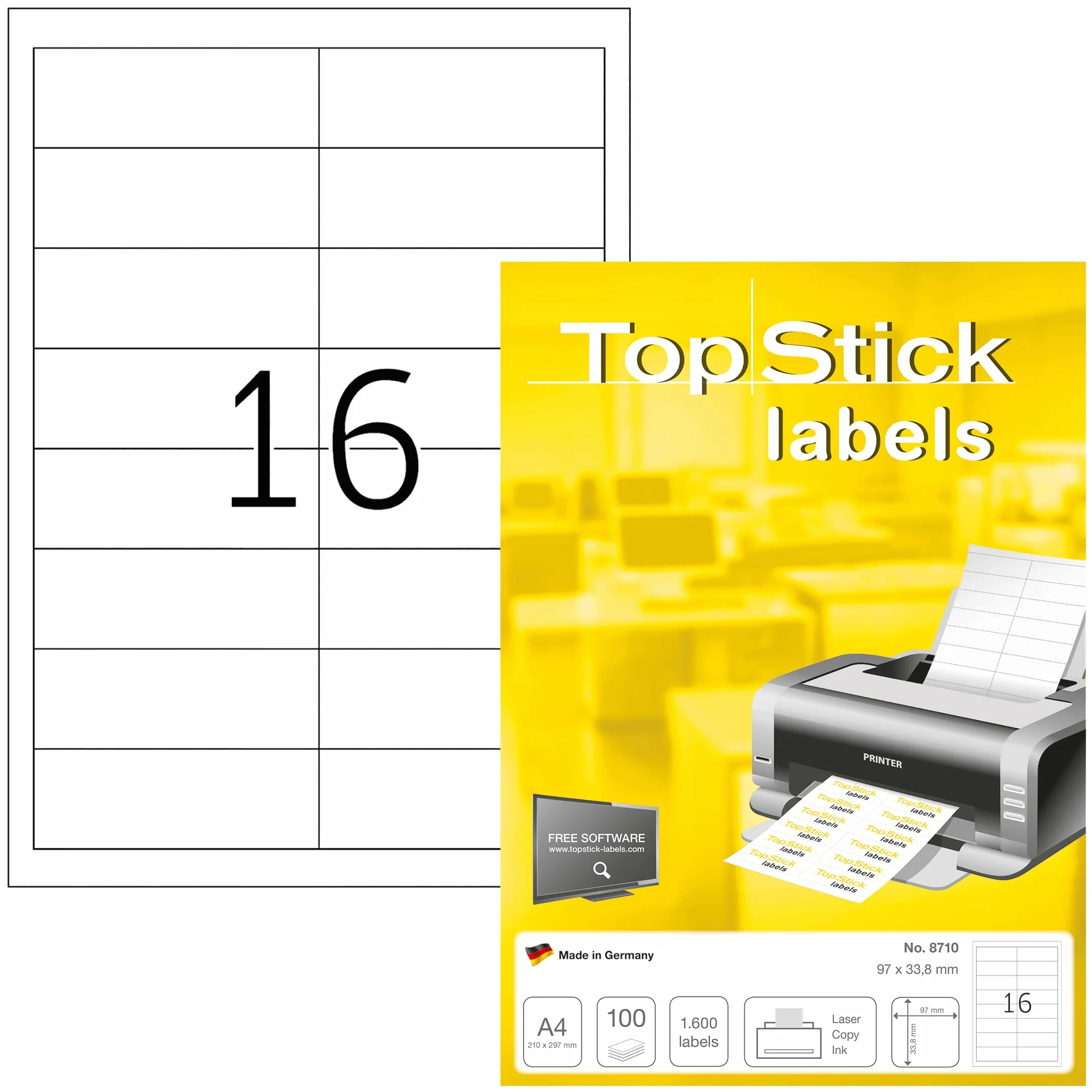 TopStick 8710 uniwersalne etykiety, 100 arkuszy, 97 x 33,8 mm, 16 arkuszy A4, 1600 sztuk, samoprzylepne, nadają się do zadrukowania, matowe, nieprzezroczyste naklejki samoprzylepne, białe
