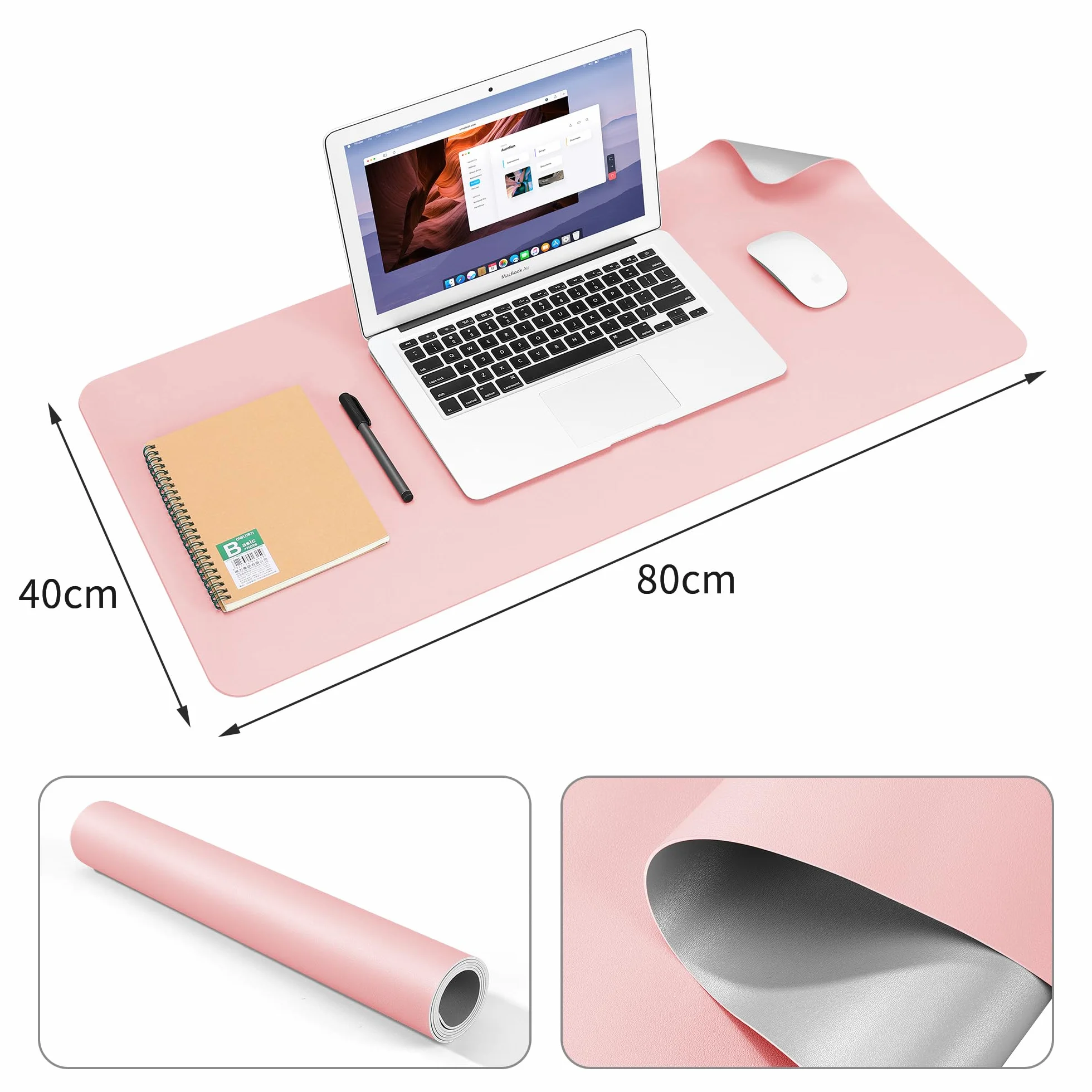 BUBM mata na biurko skóra PU wodoodporna pod laptopa 80 x 40 cm różowa