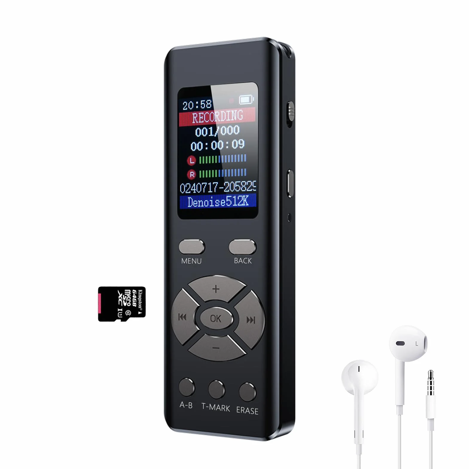 Dyktafon cyfrowy z odtwarzaczem MP3, 64 GB, na spotkania, wywiady i wykłady, odtwarzanie w pętli A-B, nagrywanie HD 1536 kbps