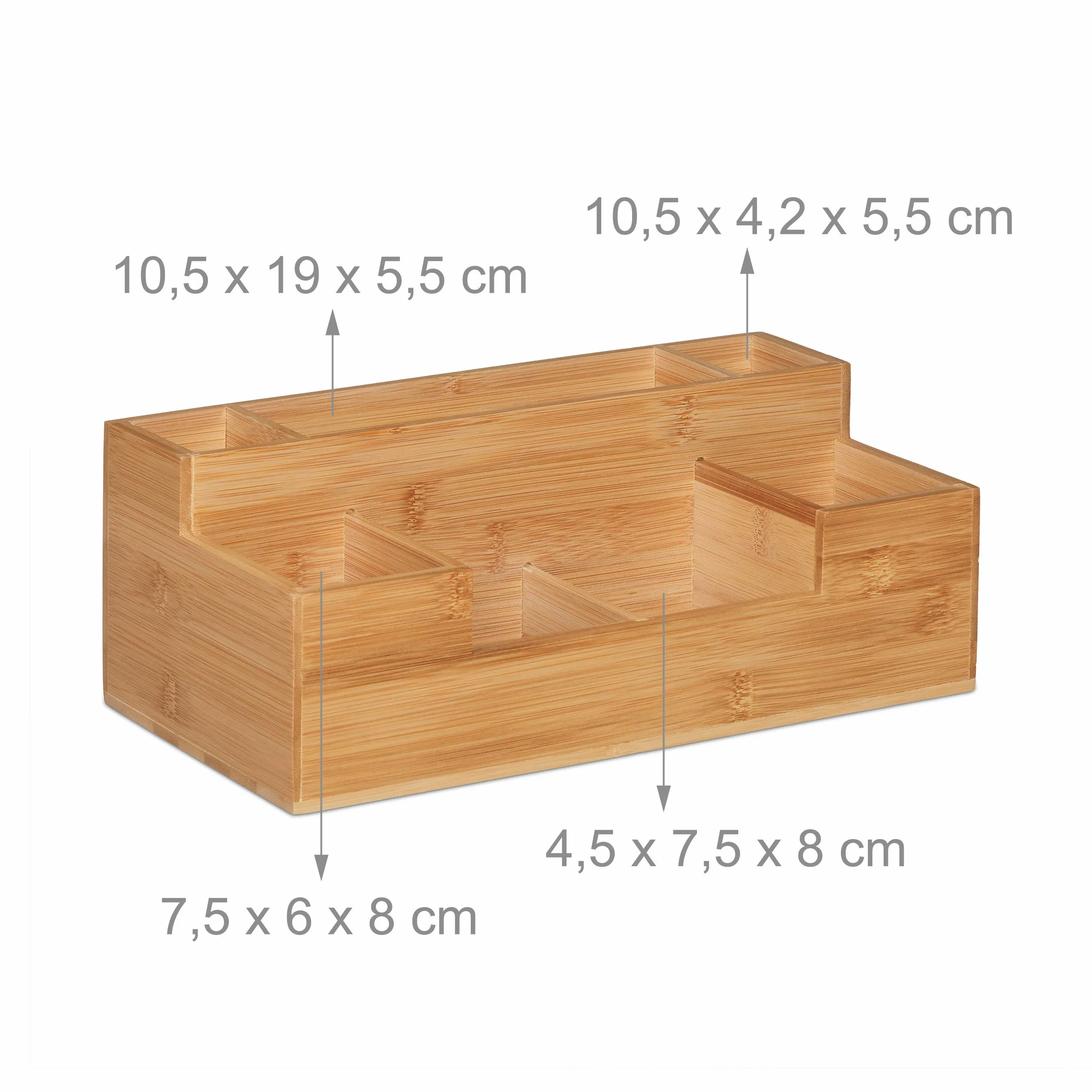 Relaxdays Biurko, 7 przegródek, bambusowy organizer, biuro, kuchnia, łazienka, organizer na stół, wys. x szer. x gł.: 11 x 30 x 15 cm, naturalny, 1 sztuka