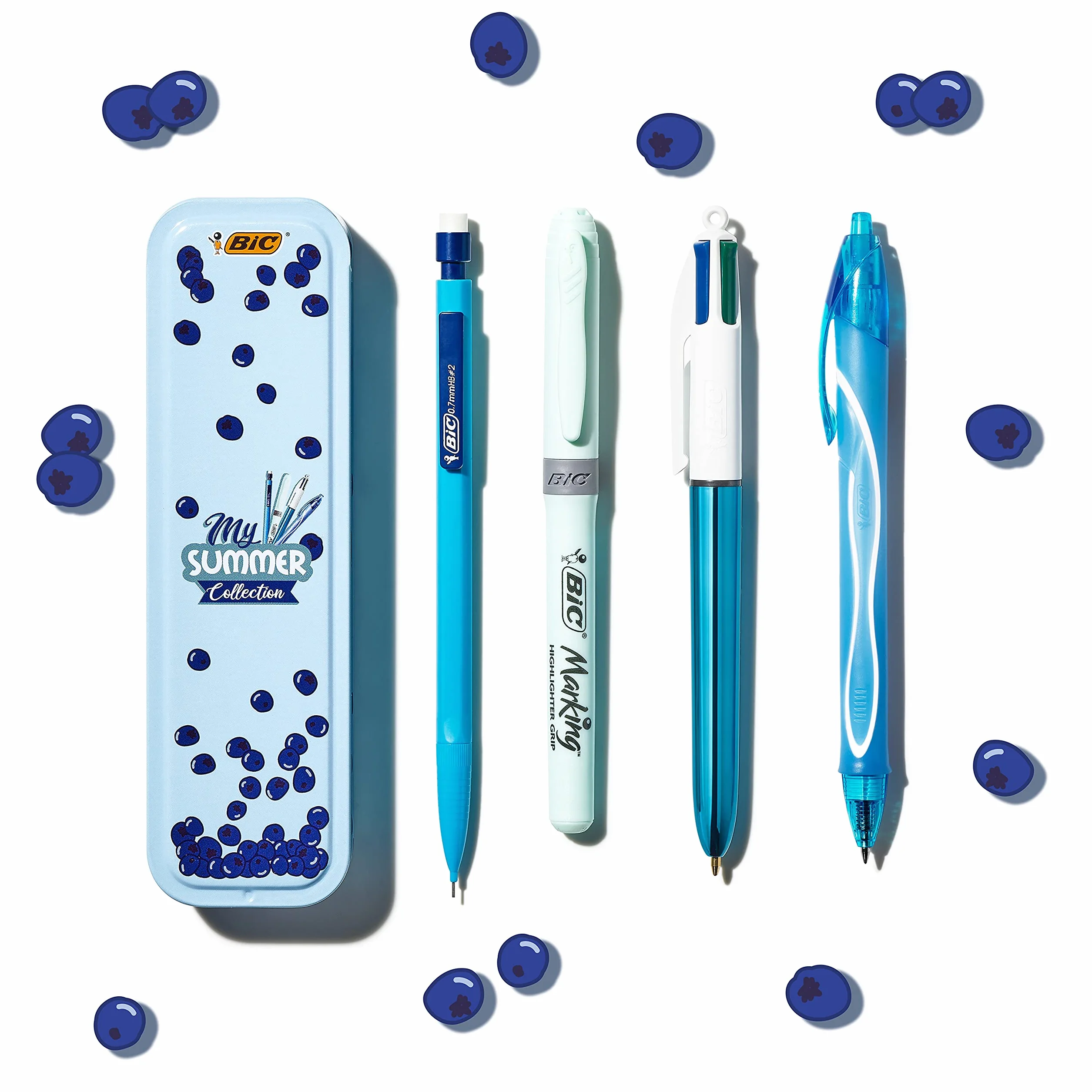 BIC Summer Blue Box: Długopis żelowy (0,7 mm), ołówek mechaniczny, długopis 4 kolory (1,00 mm), zakreślacz - niebieski, zestaw 4 szt