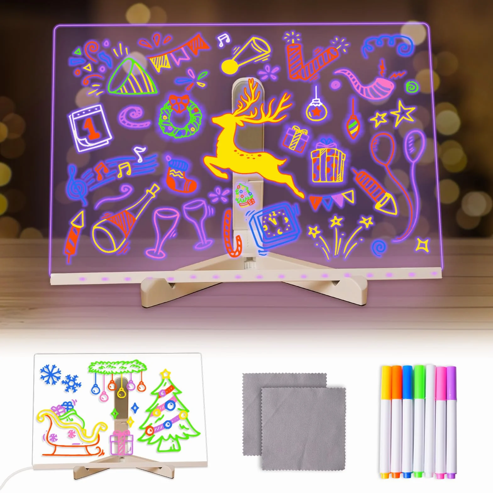Lustaled Tablica do pisania LED z kolorami, akrylowa tablica do notatek z 7-kolorowym ołówkiem, 30x20 CM z podstawą, LED-tablica do rysowania dla dzieci, tablica artystyczna do biura, szkoły, domu