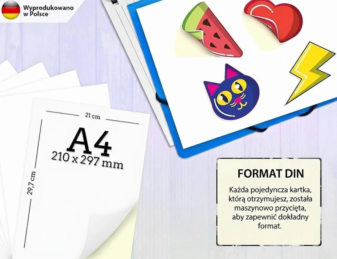 100 samoprzylepnych etykiet DIN A4, 210 x 297 mm, uniwersalne nadruki, matowa biała powierzchnia, kompatybilne z drukarkami atramentowymi i laserowymi, naklejki do wielu zastosowań – z Niemiec
