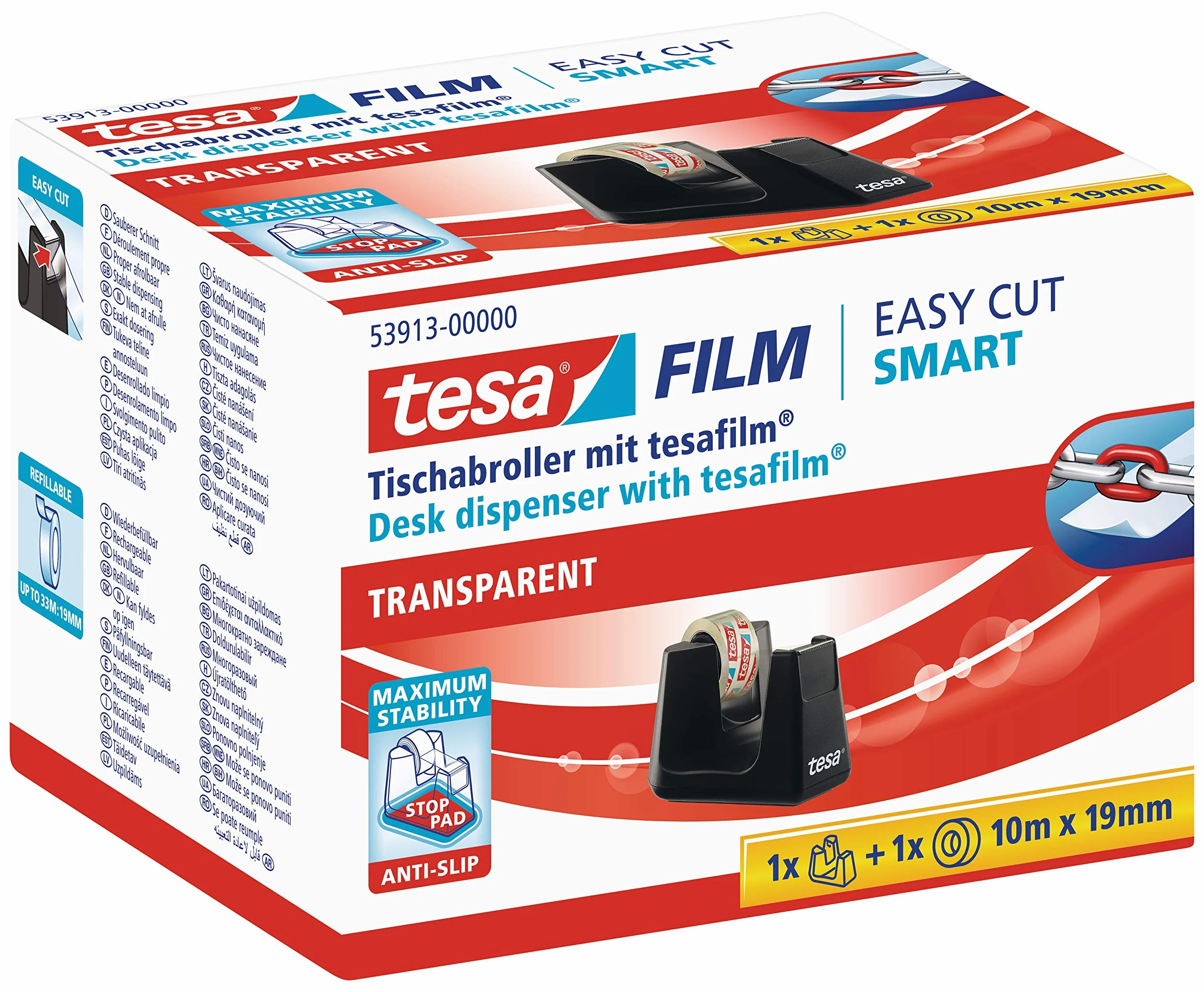 tesa® Easy Cut Smart dyspenser - solidny dozownik z funkcją antypoślizgową w kolorze czarnym i przezroczystą taśmą samoprzylepną - 1 transparentnych rolek tesafilm 10 m x 19 mm