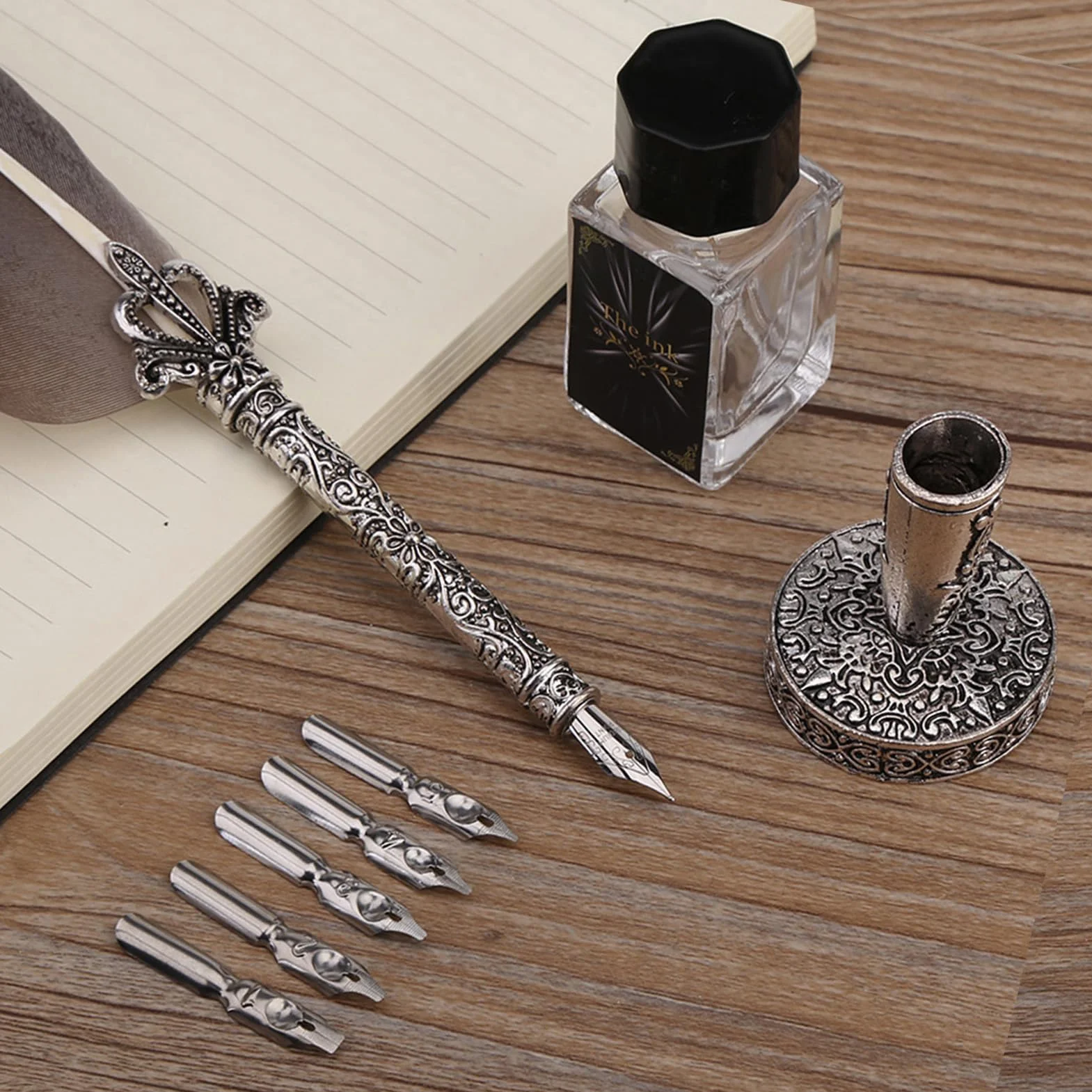 Stalówka Garosa Vintage Feather, Stalówka Z Antycznej Angielskiej Kaligrafii Dip Quill Pen Zestaw Do Pisania, Metalowy Wygląd Rzeźbienia, Papiernicze Pudełko Z 5 Stalówkami (Czarne)