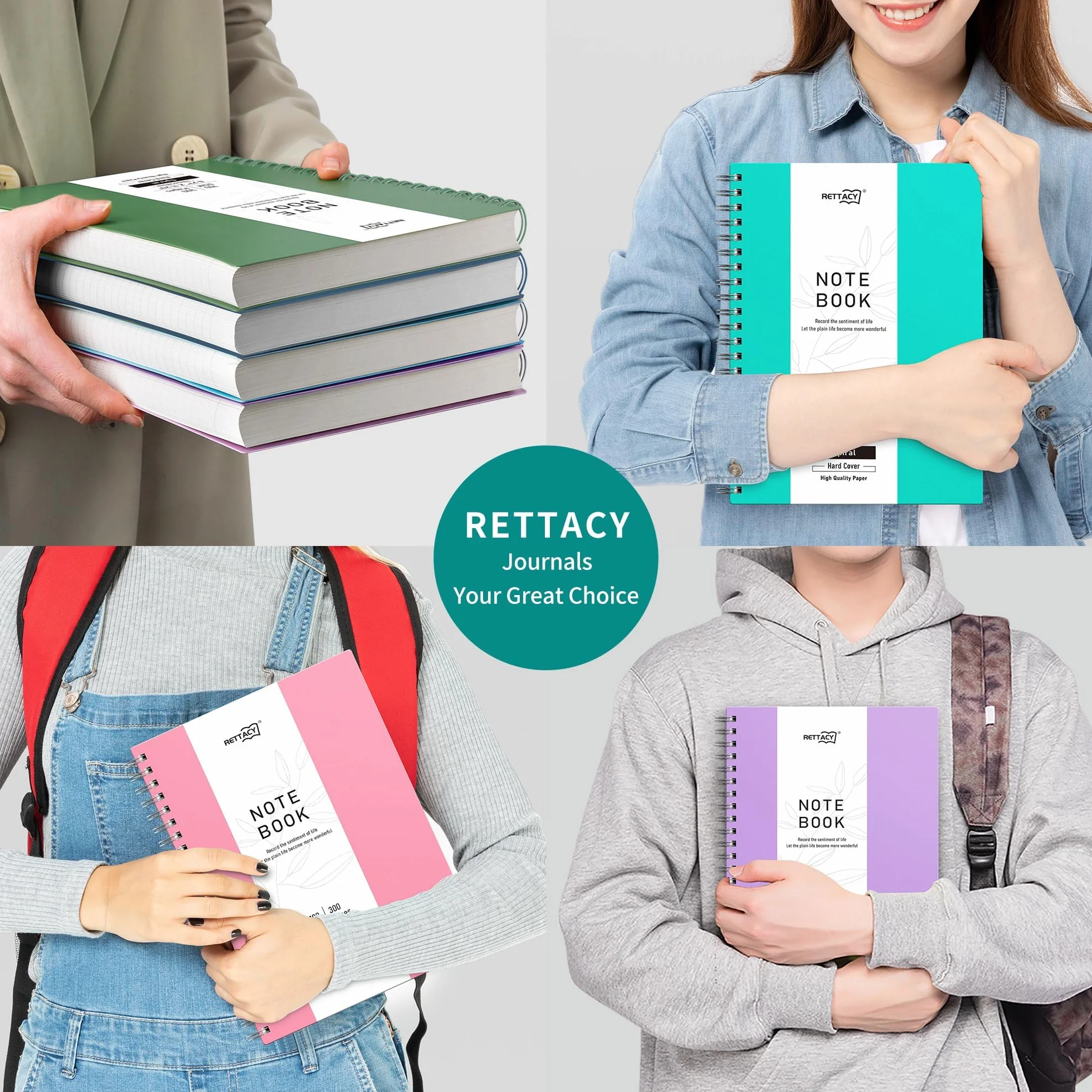 RETTACY Notatnik A5 w kropki Bullet Dot Journal notatniki spiralne 150 arkuszy/300 stron do pisania, 100 g/m², twarda okładka PVC dla kobiet, mężczyzn, pracy, biura, szkoły, 14,5 x 21 cm - różowy