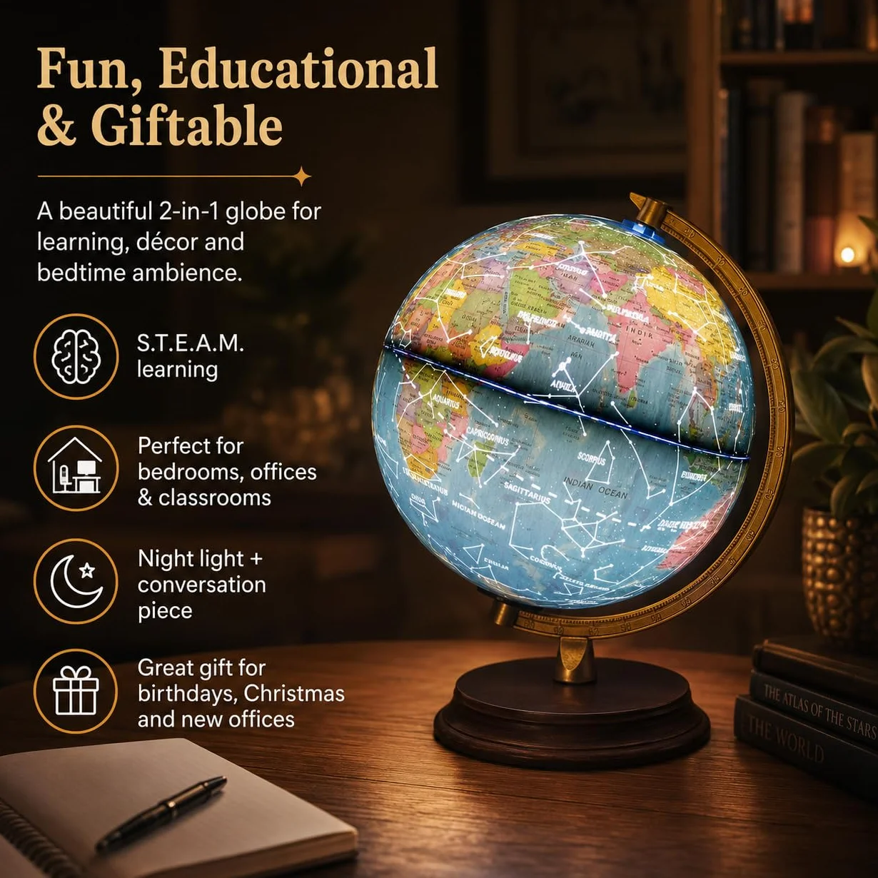 EXERZ Podświetlany Globus 20 cm Drewniana Podstawa Mapa Polityczna Angielski Lampa LED 2w1