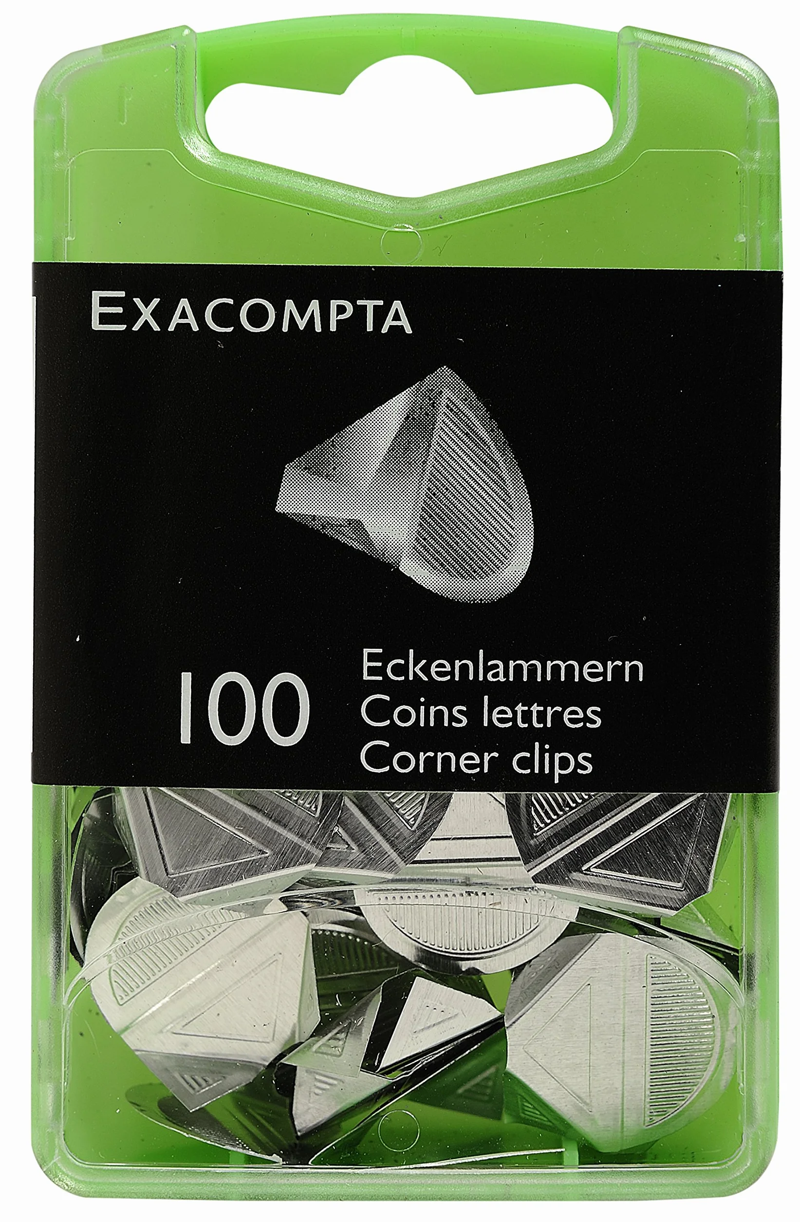 Exacompta 14763E Spinacz narożnikowy do kartek - 100 sztuk - długość 30mm - metalowe - spinacz biurowy - kolor: srebrny