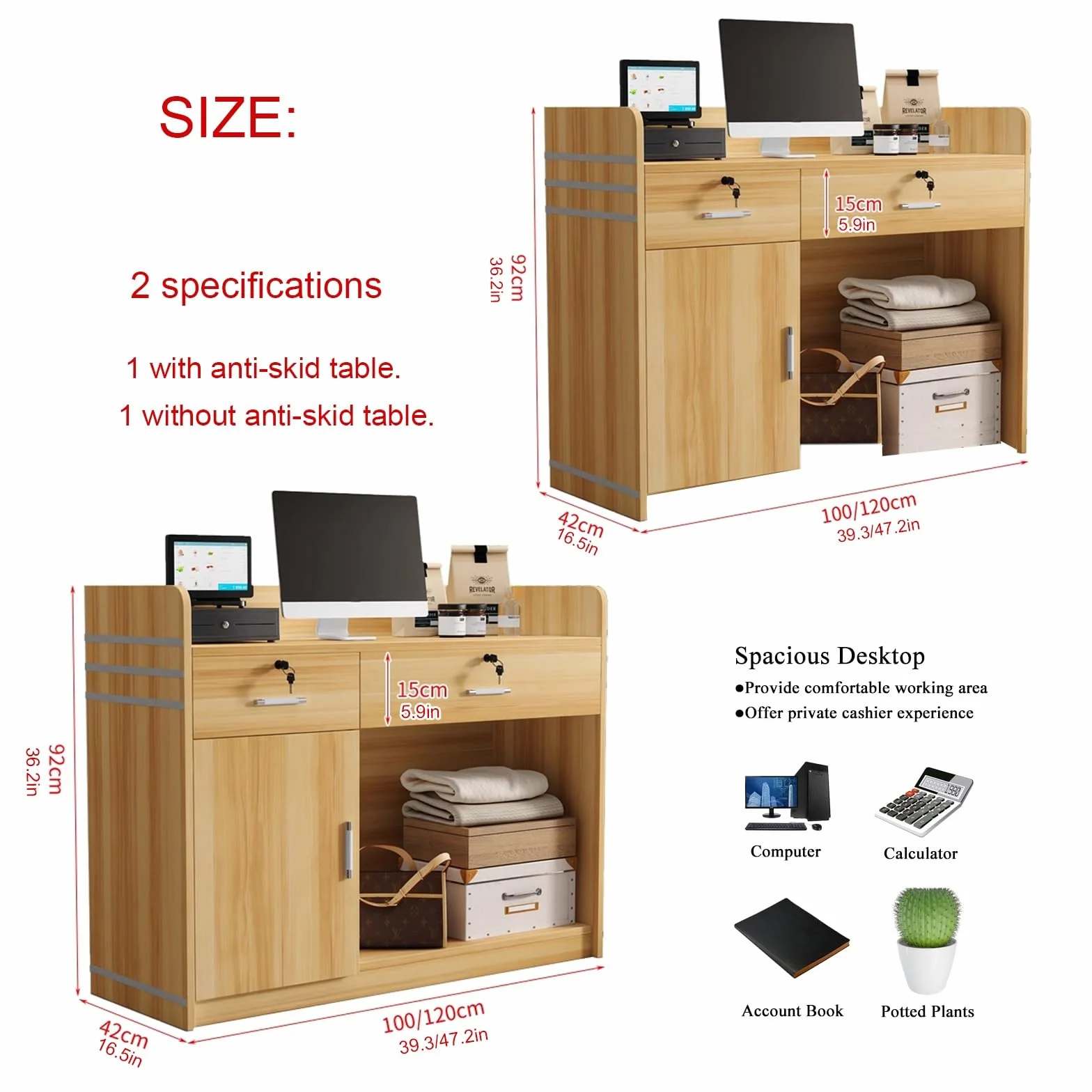 Reception Desk with Lockable Drawers, Cable Management Holes, Front Desk for Salon Office, 120cm