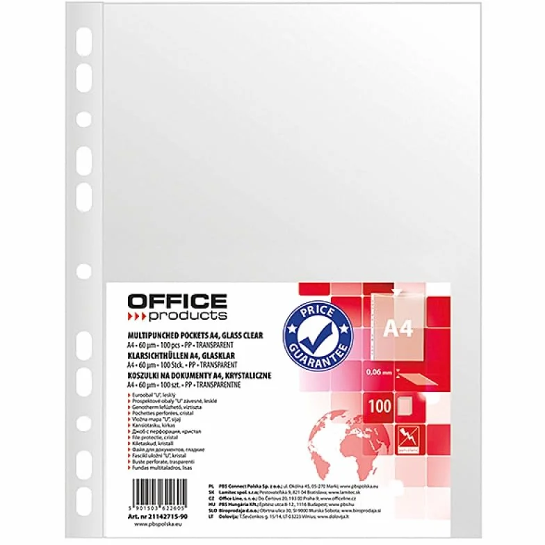 OFFICE PRODUCTS przezroczyste koszulki na dokumenty A4 / 100 sztuk/u góry, otwarte, przezroczyste koszulki plastikowe, perforowane, przezroczyste, 60 mikronów/wzmocnione krawędzie
