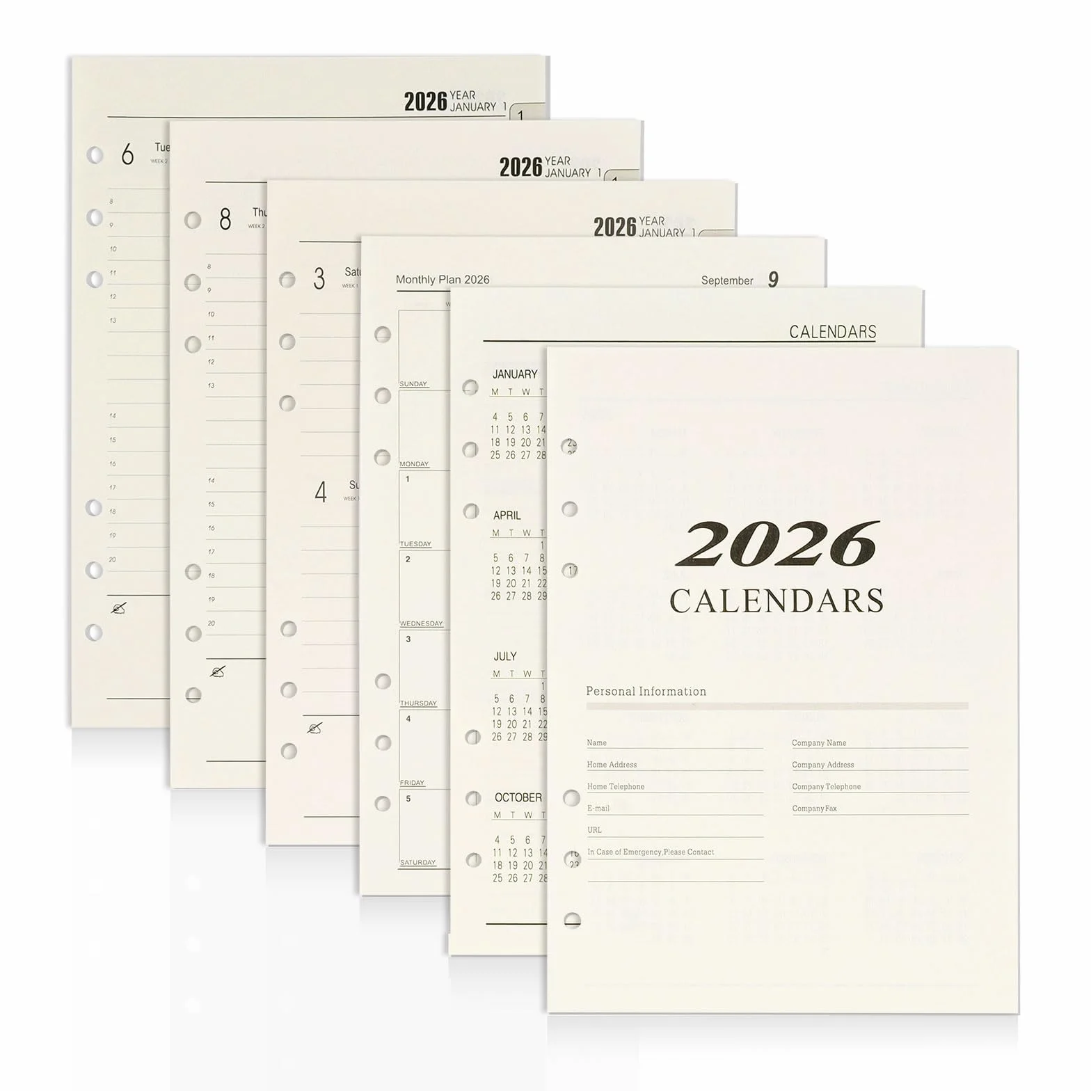 Planer tygodniowy 2026 wkład A5 6 otworów 176 stron kalendarz styczeń grudzień 139 x 206 mm papier uzupełniający